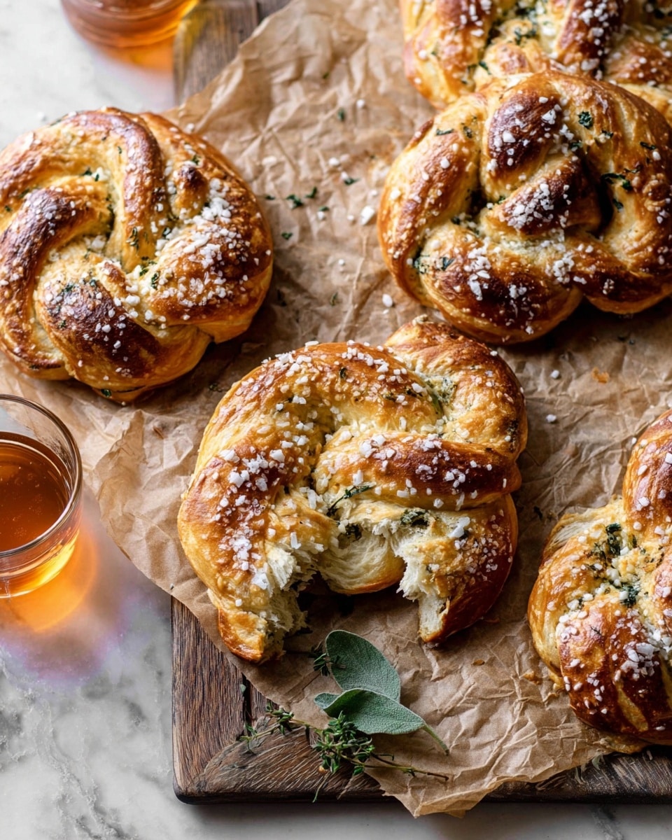 The image shows multiple golden-brown twisted pastries with a shiny, slightly crisp surface sprinkled with coarse white salt. Each pastry has a soft, uneven texture with bits of dark green filling visible inside the swirls and layers. One pastry is broken open, revealing a soft, flaky inner part and creamy white cheese inside spread unevenly. The pastries rest on light brown parchment paper on a wooden board with a rustic finish. Near the pastries, there is a small sprig of green fresh herbs and a clear glass filled halfway with a dark amber liquid. The background is a white marbled texture. photo taken with an iphone --ar 4:5 --v 7