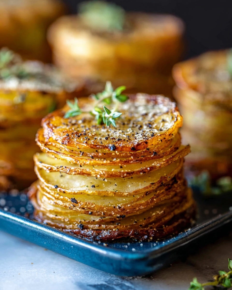 The image shows a stack of thin, crispy potato slices cooked to a golden brown with some dark golden edges, arranged in multiple layers that create a textured, wavy look. The stack is topped with small green herb sprigs for garnish. The potatoes have a slight shine from oil and visible specks of black pepper and seasoning throughout. The food sits on a dark rectangular plate with a glossy finish, placed on a white marbled surface. The background is blurred, highlighting the focus on the crispy layered potato stacks, with more similar stacks visible behind the main one. Photo taken with an iphone --ar 4:5 --v 7