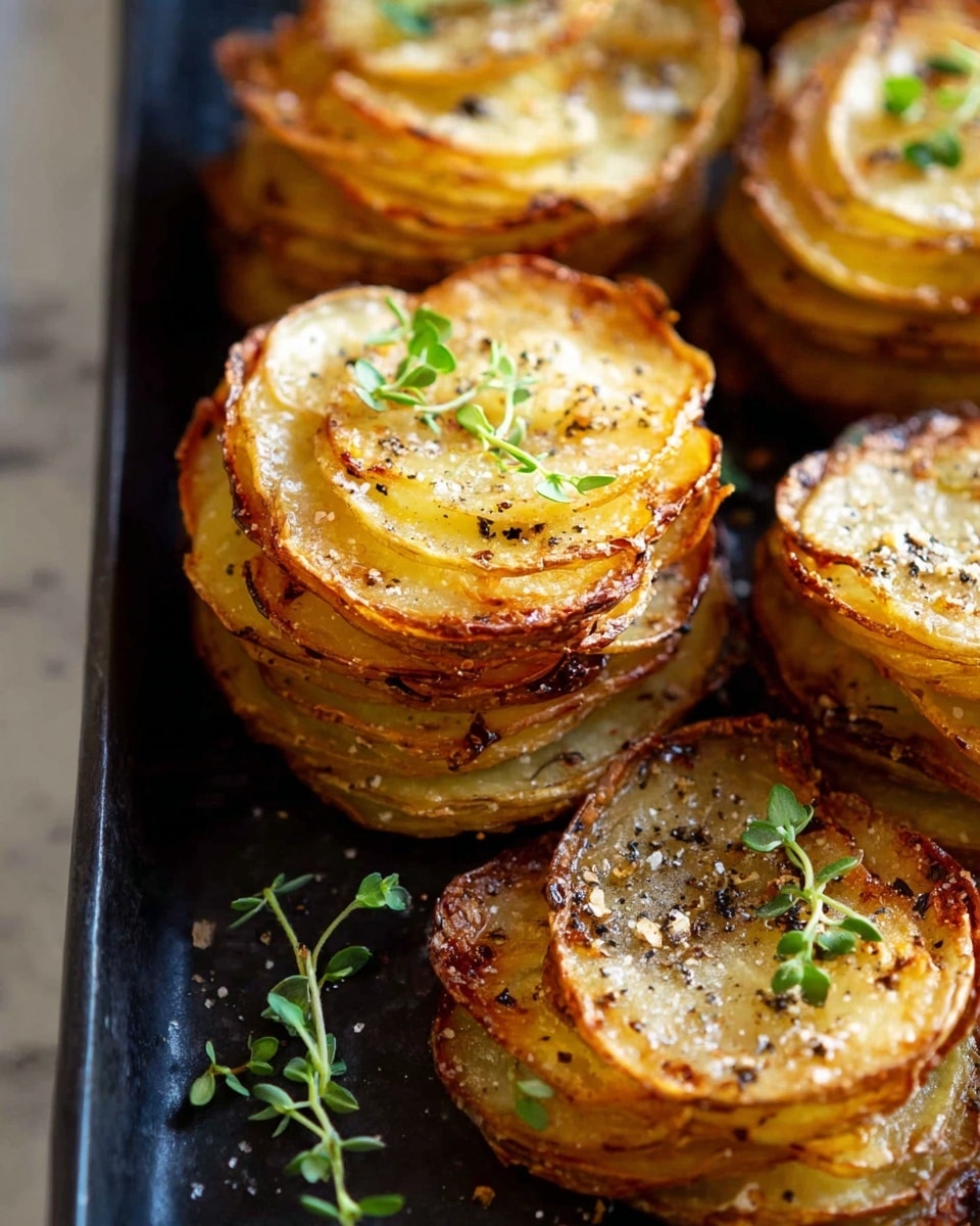 The image shows stacks of thin, golden brown potato slices arranged vertically in small towers on a dark tray. Each stack has about 10-15 layers of crispy, slightly curled potato slices with browned edges. The top layers are lightly seasoned with black pepper and sea salt, and decorated with small green herb sprigs that add a fresh touch. The texture looks crunchy on the outside and soft inside, with a warm, inviting color palette of light yellows and deep golds. The background is a white marbled surface. Photo taken with an iphone --ar 4:5 --v 7