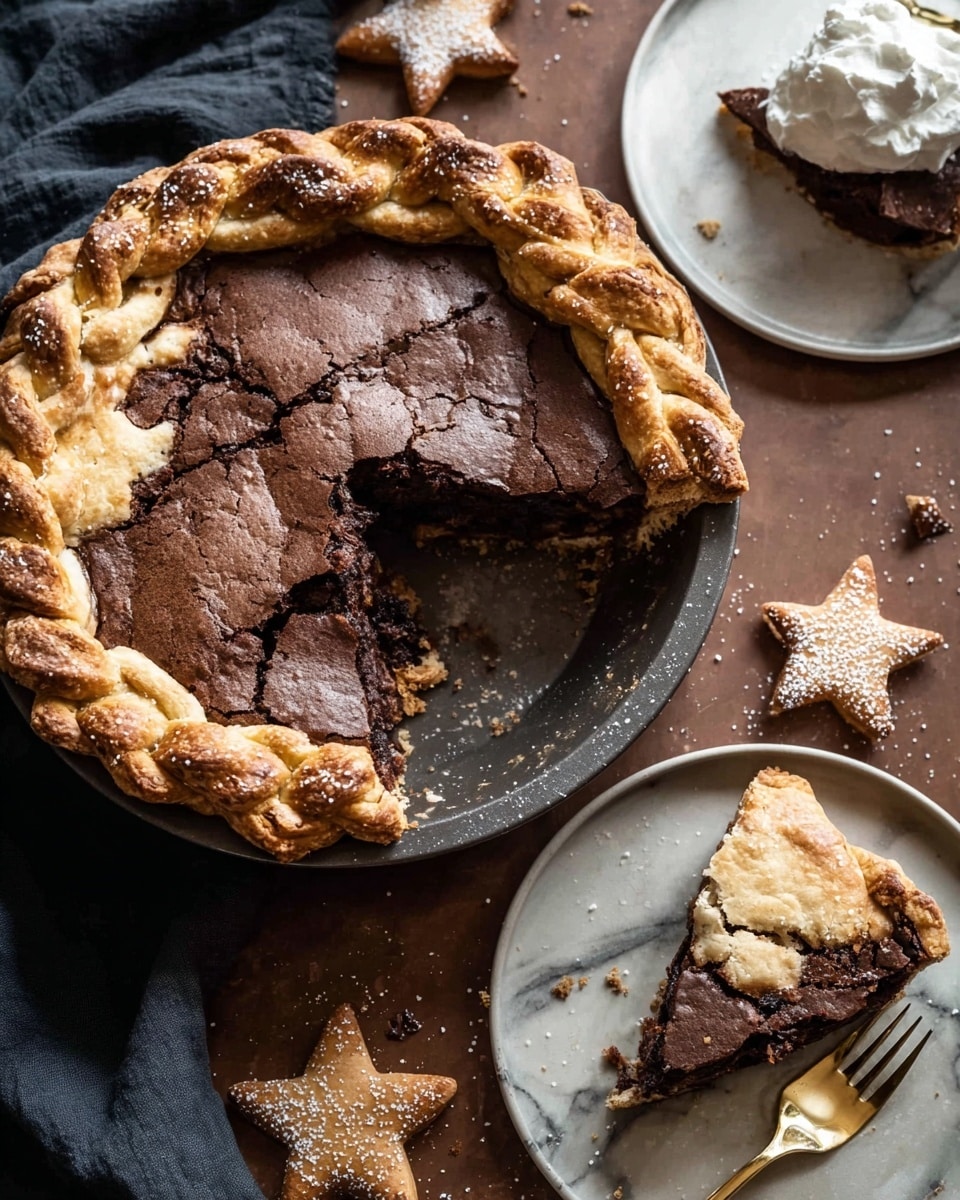 The image shows a round pie with two distinct layers: a thick, soft dark brown top layer with a slightly cracked texture and a light golden braided crust around the edges dusted with sugar. The pie sits on a dark surface with a white marbled texture replaced beneath it. In the background, there is a clear glass cup filled with dark coffee, a dark blue cloth napkin to the top right, and three star-shaped cookies dusted with powdered sugar placed near the bottom right corner of the pie. To the left side of the pie, there is a set of silver cutlery arranged vertically. The scene is lit warmly, creating a cozy and inviting atmosphere. Photo taken with an iphone --ar 4:5 --v 7