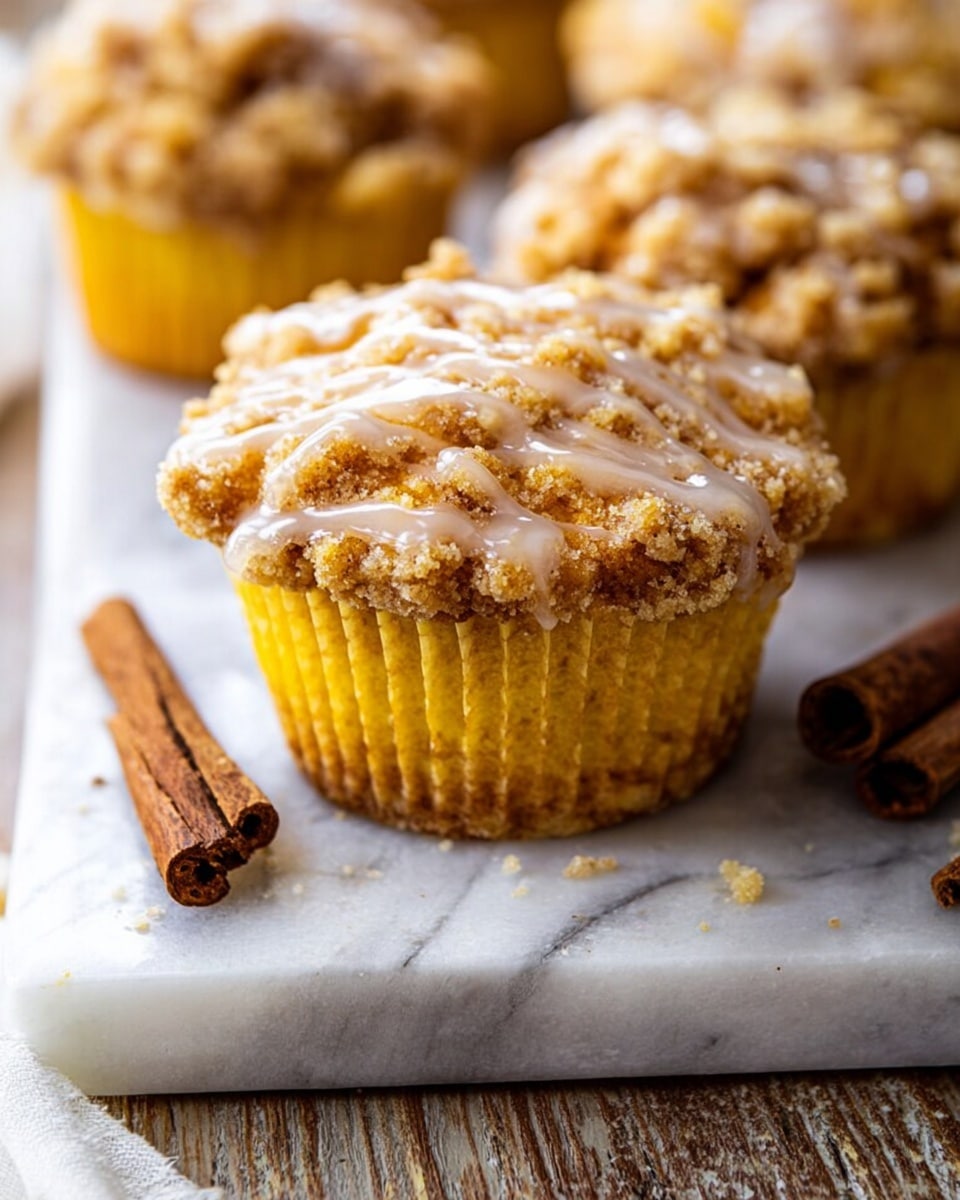 The image shows three muffins with crumbly, light brown streusel topping and a shiny glaze in the center. The muffins are golden-yellow with a soft texture, each wrapped in a yellow crumbly paper liner. They sit on a white marbled board placed on a wooden surface. Two cinnamon sticks lie near the front muffin, with some glaze drops around them, adding a rustic touch. The photo took close-up focus on the front muffin with soft lighting highlighting the texture. photo taken with an iphone --ar 4:5 --v 7