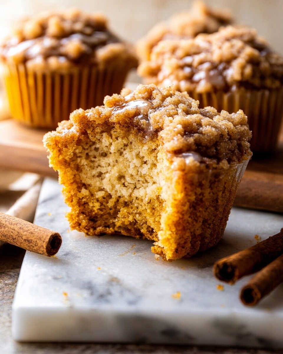 A close-up of three muffins sitting on a white marbled surface with wooden texture around it, topped with a crumbly light brown streusel layer that looks crunchy. One muffin in the middle is partially unwrapped, with its soft, moist, and golden-yellow inside exposed, showing a rough texture. Two cinnamon sticks lie diagonally next to the muffins on the marbled surface. The background is softly blurred, keeping focus on the muffins. photo taken with an iphone --ar 4:5 --v 7