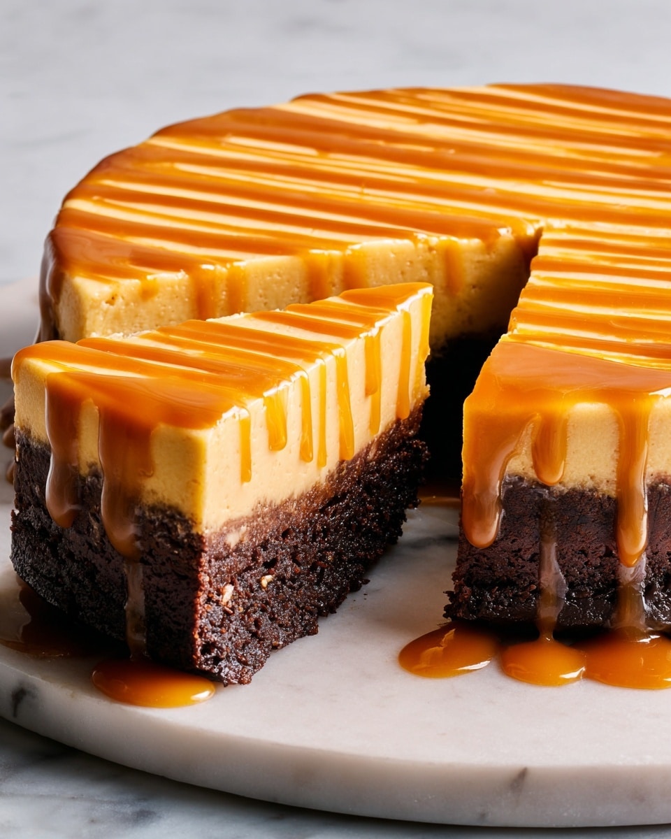 The image shows a two-layer cake on a round white marble board. The bottom layer is thick, dark brown, and looks like a moist brownie base with a dense texture. The top layer is thick and smooth, with a light orange color that looks creamy, likely a pumpkin or cheesecake layer. There is a shiny caramel sauce drizzled over the top layer, flowing slightly down the sides and pooling around the base. One slice is partially pulled out from the rest, showing the clean layers and the rich texture of the cake. The background is a white marbled surface. Photo taken with an iphone --ar 4:5 --v 7