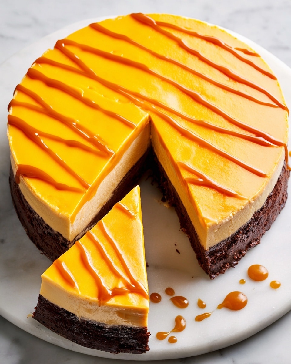 A close-up view of a two-layer dessert slice on a white plate with a silver fork beside it. The bottom layer is dark brown with a dense, moist texture resembling a rich chocolate base. The top layer is thick and creamy, pale orange in color, with a slightly rough surface and some small bumps. The dessert has a smooth top with a sprinkle of fine grains that look like sugar crystals. In the background, there is a blurred view of the whole dessert on a white plate on a white marbled surface. Photo taken with an iphone --ar 4:5 --v 7