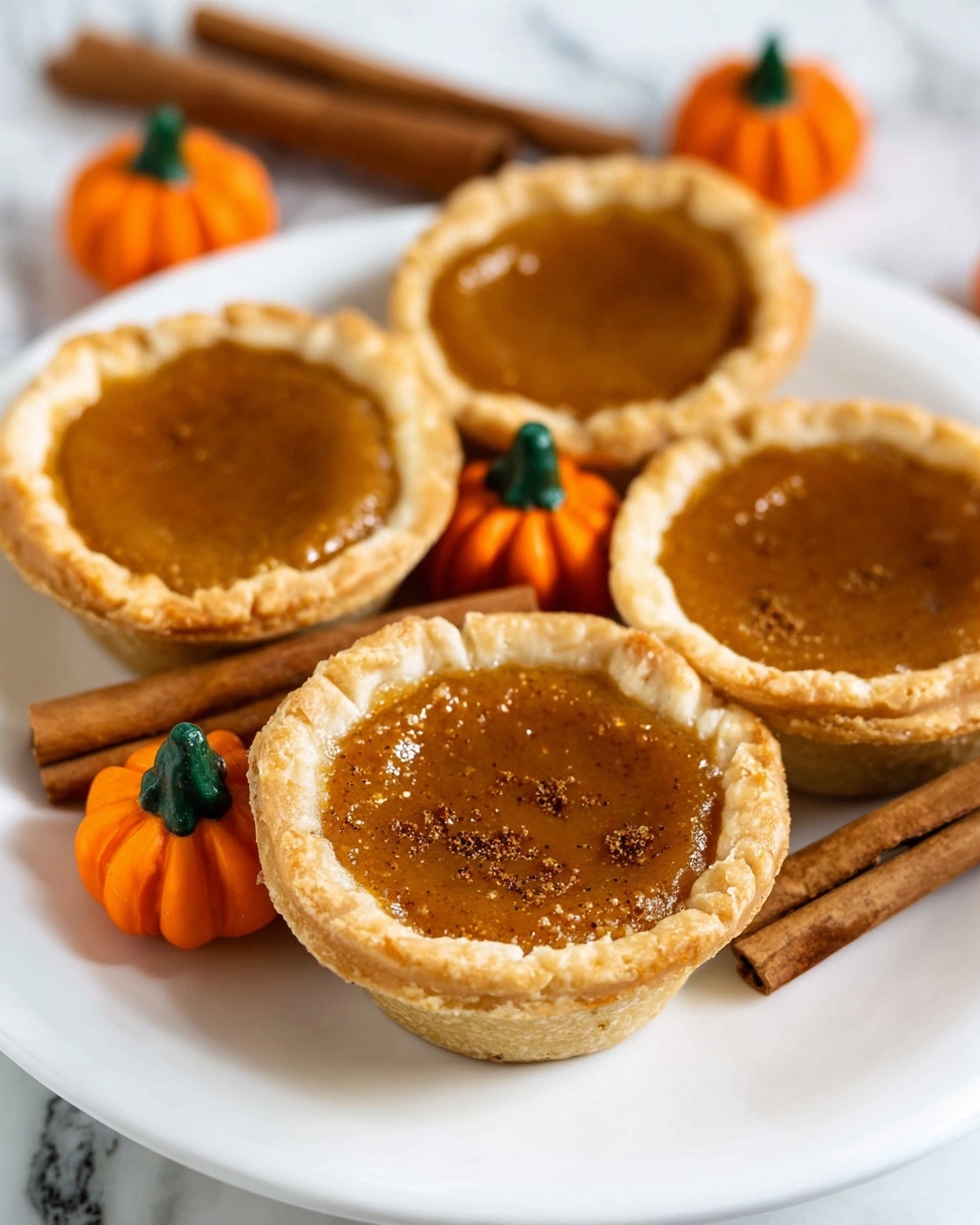 The image shows small pumpkin pies arranged on a white plate with a white marbled surface underneath. Each pie has a golden, flaky crust with a smooth, orange-brown pumpkin filling. One pie on top has a swirl of white whipped cream with a light sprinkle of cinnamon powder on it. There are two small orange pumpkin-shaped candies near the pies on the plate. In the background, more pumpkin pies are slightly blurred but visible. The colors are warm with contrasting textures of the smooth filling, crumbly crust, and fluffy whipped cream. photo taken with an iphone --ar 4:5 --v 7