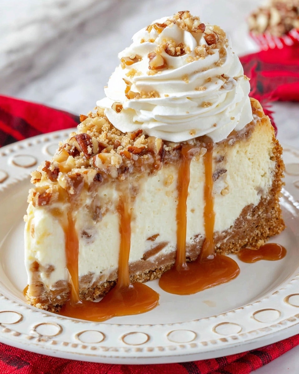 Irresistibly Rich & Crunchy Dessert 1 The image shows one thick slice of nut-filled cheesecake on a white marbled surface. The slice has three clear layers: a bottom crust that is brown and crumbly, a middle layer of creamy white cheesecake packed with chunks of brown nuts, and a thick top layer of smooth white whipped cream. On top, large pieces of nuts are scattered, and golden caramel sauce is being poured from a spoon, dripping down the sides of the slice and adding a shiny texture. Some nut pieces are also placed around the cake slice on the surface. photo taken with an iphone --ar 4:5 --v 7