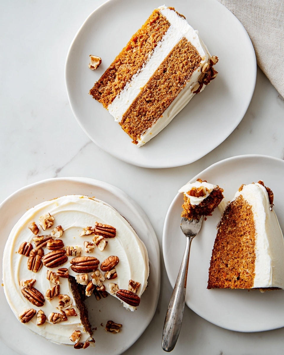 Three slices of layered carrot cake are placed on white plates on a white marbled surface. Each slice has two thick, golden brown cake layers separated by a thick white cream layer, with cream also spread smoothly on top. The top of each slice is decorated with chopped pecan pieces scattered evenly. One slice is partly eaten with a silver fork holding a small cake piece beside it. The scene is bright and clean, showing the texture of the moist cake and smooth cream clearly photo taken with an iphone --ar 4:5 --v 7
