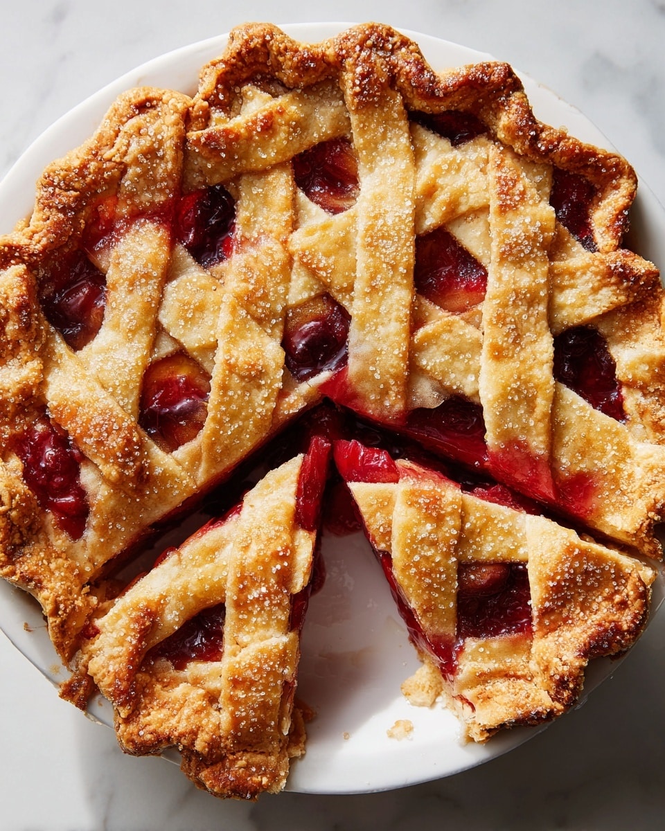 The image shows a round pie with a golden brown lattice crust on top. The crust is made of thick, flat strips of dough woven over and under each other in a crisscross pattern, five strips placed vertically and five horizontally, covering the entire top of the pie. Through the gaps in the lattice, you see a shiny, juicy, red and orange fruit filling that looks like cherries and peaches. The pie rests on a white plate, which sits on a beige cloth napkin, all on a white marble surface. A silver pie server is placed near the top right edge of the pie. Photo taken with an iphone --ar 4:5 --v 7