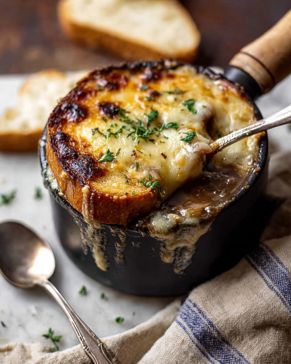 A dark pot with a wooden handle is filled with French onion soup topped with a large, thick layer of melted golden-brown cheese that slightly drips down the sides. On top of the cheese, there are small green herb sprigs for garnish. The pot sits on a white cloth with blue stripes, on a white marbled textured surface. A spoon lies to the left of the pot, and a blurred bowl and a slice of baguette are visible in the background. photo taken with an iphone --ar 4:5 --v 7