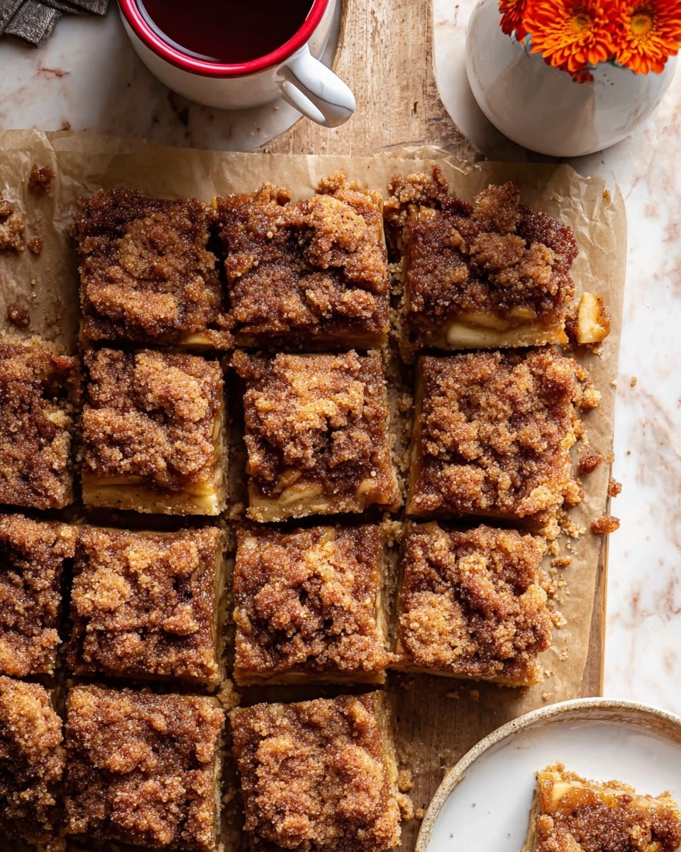 The image shows a tray of nine square pieces of crumbly cake, arranged closely together. Each piece has a rough, textured top layer of brown sugar or cinnamon crumb topping that looks crunchy. Beneath the crumbly top, the cake base is a lighter golden brown color, soft and moist with bits of fruit or nuts visible inside. The whole tray sits on brown parchment paper on top of a white marbled surface. Nearby, there is a white plate with a scalloped edge, holding another piece of the crumb cake. A red and white cup with orange flowers inside is also partly visible in the upper right corner. Photo taken with an iphone --ar 4:5 --v 7