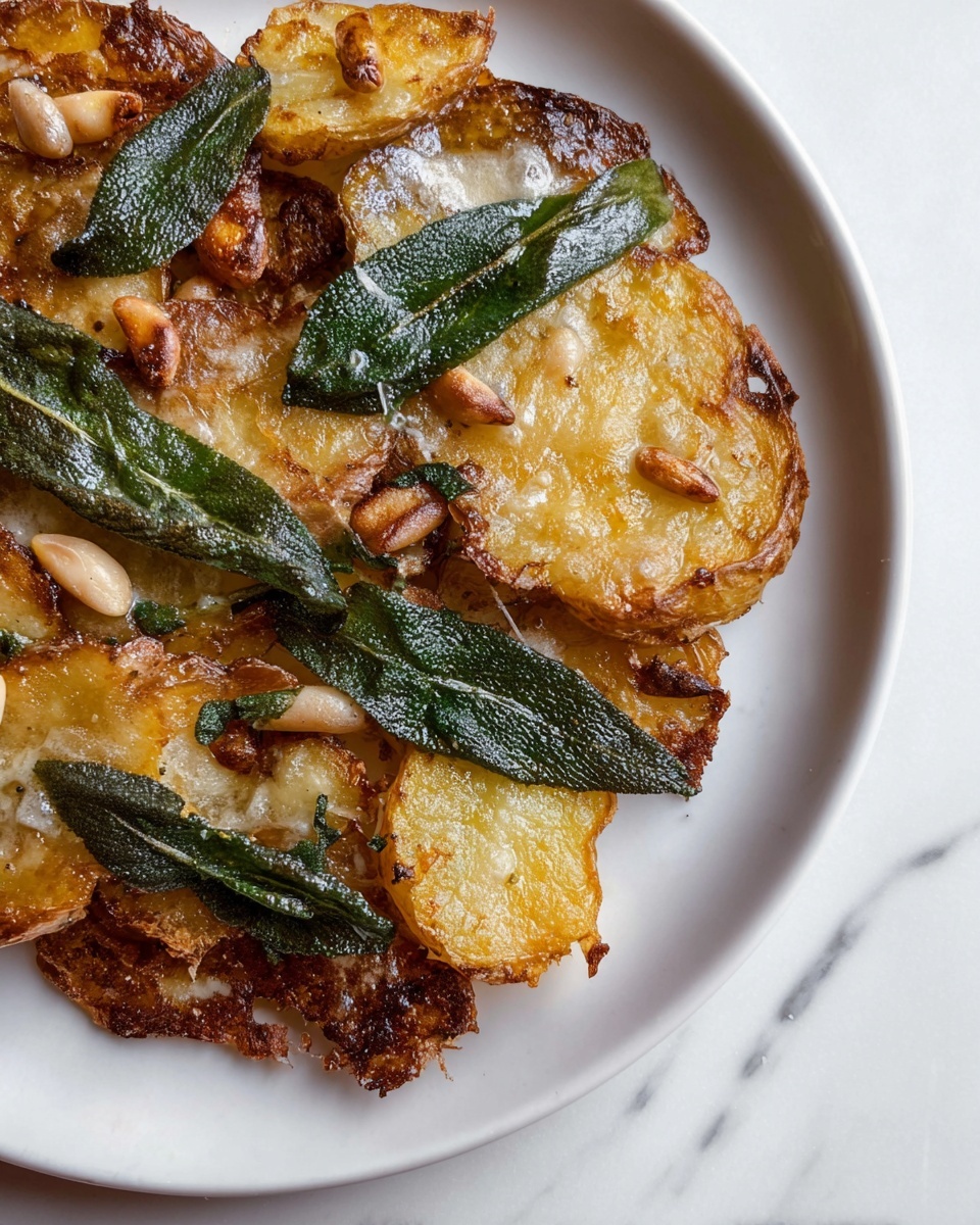 The image shows a white plate with crispy smashed potatoes as the base layer, browned with rough, uneven edges and a crunchy texture. On top of the potatoes are deep green fried sage leaves that look glossy and slightly wrinkled. Small light tan pine nuts are scattered over the dish, adding small round shapes. There is also a light foam or butter sauce drizzled over the potatoes and sage, giving a shiny, bubbly texture on some parts. The plate sits on a white marbled surface. photo taken with an iphone --ar 4:5 --v 7