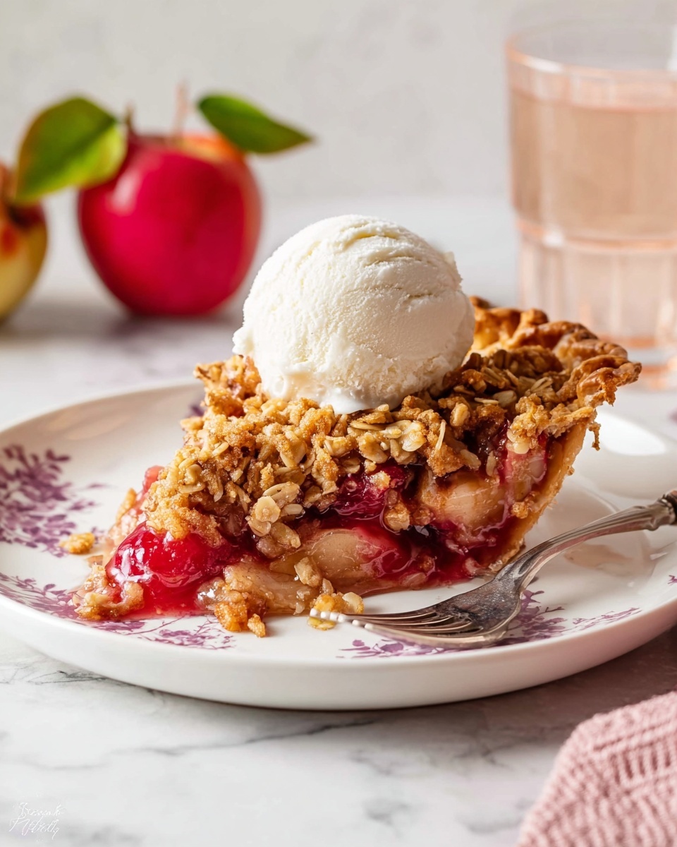 A white plate holds a slice of pie with three visible layers: the bottom layer is a golden-brown crust, the middle layer consists of soft cooked apple pieces mixed with red berries, and the top layer is a crumbly oat and brown sugar topping. On top of the pie slice sits a generous scoop of white vanilla ice cream that looks creamy and smooth. The plate is on a white marbled surface with a silver fork beside it, and there is a red apple with green leaves in the blurred background. photo taken with an iphone --ar 4:5 --v 7