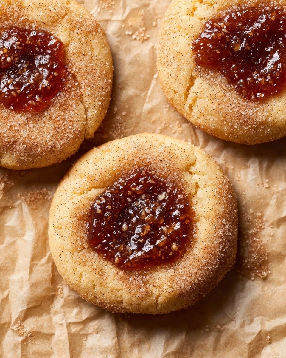 The image shows three round cookies placed on crumpled light brown paper. Each cookie has two layers: the bottom layer is a golden-brown, slightly rough textured base dusted with sugar and cinnamon, and the top layer is a thick, glossy, dark amber jam filling, slightly sunken in the middle of each cookie with some granulated sugar sprinkled on top. The cookies look soft and slightly puffy. photo taken with an iphone --ar 4:5 --v 7