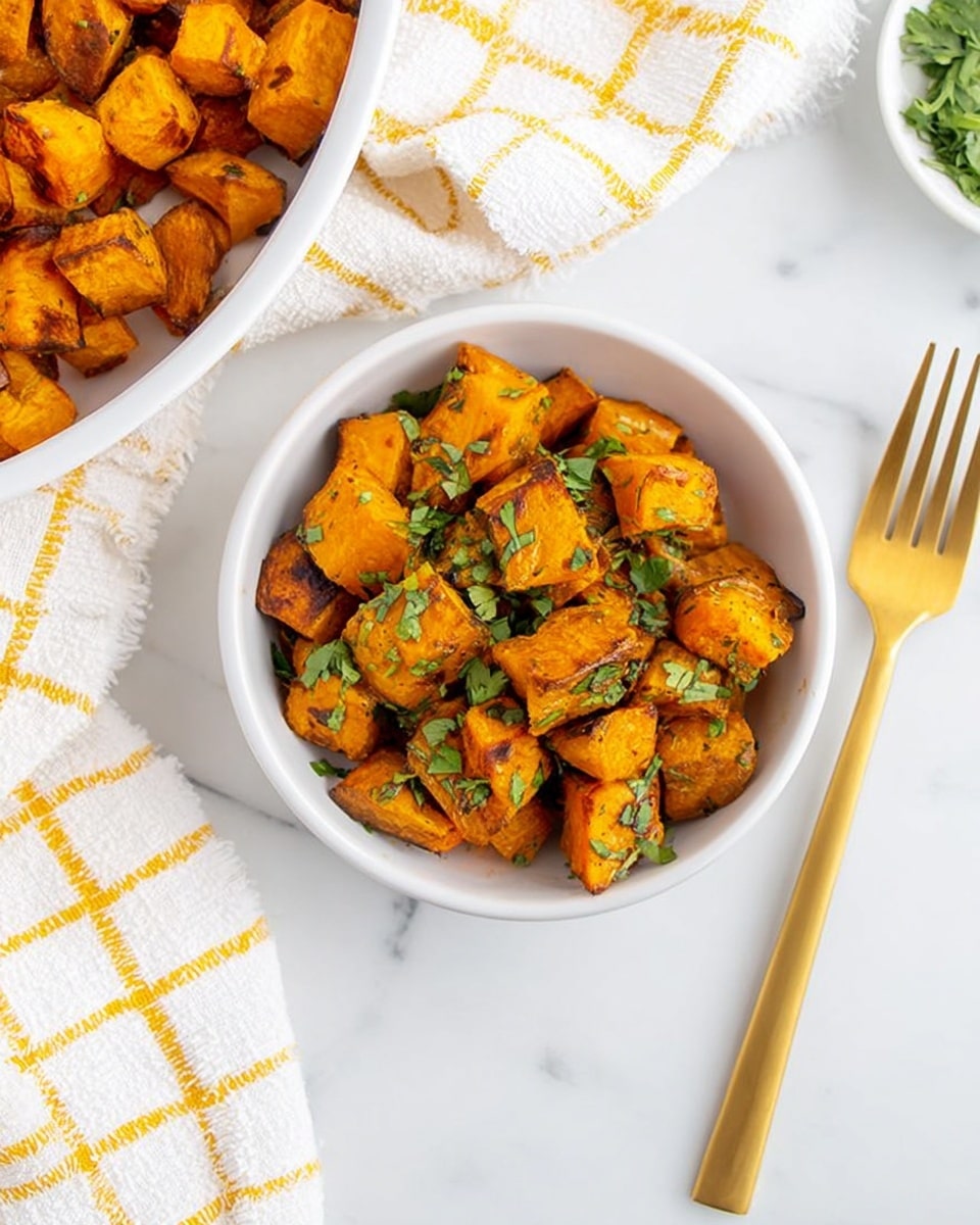 The image shows a small white bowl filled with golden-brown roasted potato cubes, each piece having a slight crispy texture and sprinkled with chopped green herbs on top. The bowl is positioned near the center on a white marbled surface. To the right of the bowl, a golden fork lies flat on the surface. A woman’s hand is holding another white bowl with similar roasted potatoes, visible in the upper left corner over a white cloth with orange plaid lines. The overall scene is bright and clean, focusing on the warm colors of the roasted potatoes and fresh green herbs. photo taken with an iphone --ar 4:5 --v 7