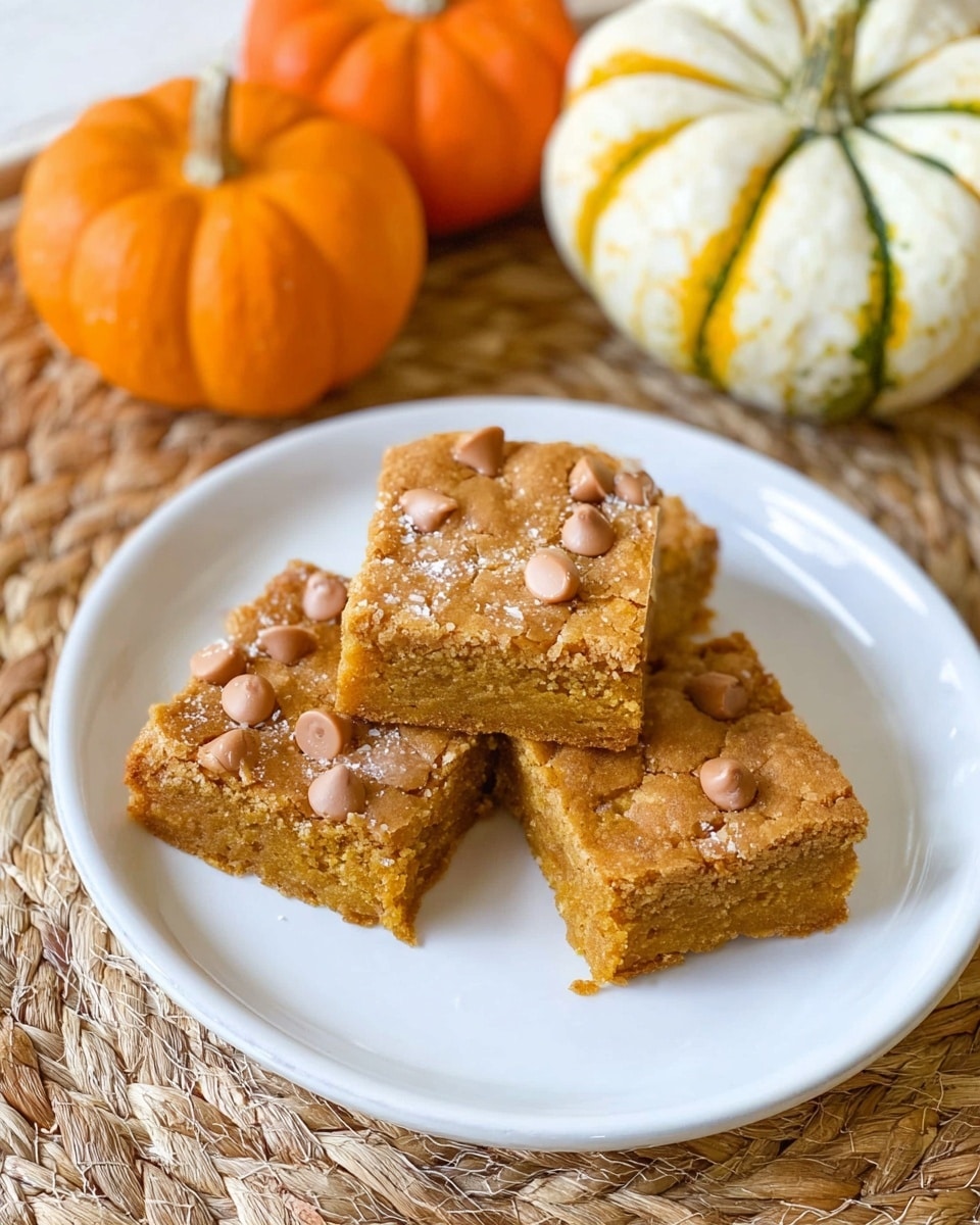 Three square pieces of soft brown cake with light brown chocolate chips on top are arranged neatly on a white round plate with a simple embossed rim. The cake has a slightly textured surface and looks moist inside with small air pockets visible. The plate sits on a woven tan mat, surrounded by three small pumpkins in orange, white with orange and green stripes, and green with yellow patches. The setting has a warm, autumn feel. photo taken with an iphone --ar 4:5 --v 7