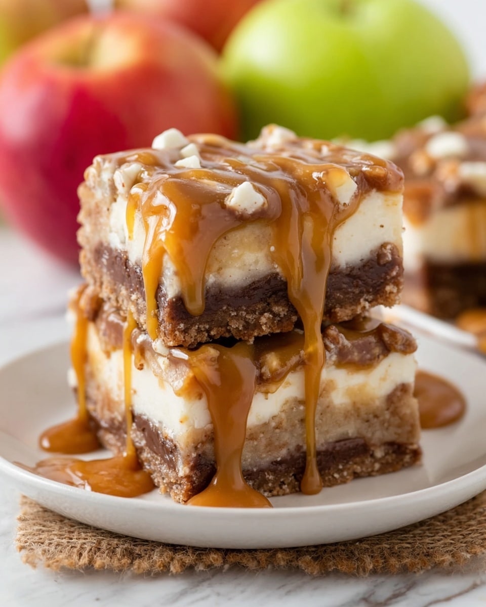 A stack of three dessert bars is shown on a white plate with a piece of burlap under them. Each bar has three layers: the bottom layer is golden brown and crumbly, the middle layer is creamy and white with a smooth texture, and the top layer is a mix of dark brown chunks and white pieces, covered with a shiny caramel drizzle that also runs down the sides of the bars. The background shows a blurred green apple and a red cloth, all placed on a white marbled surface. Photo taken with an iphone --ar 4:5 --v 7