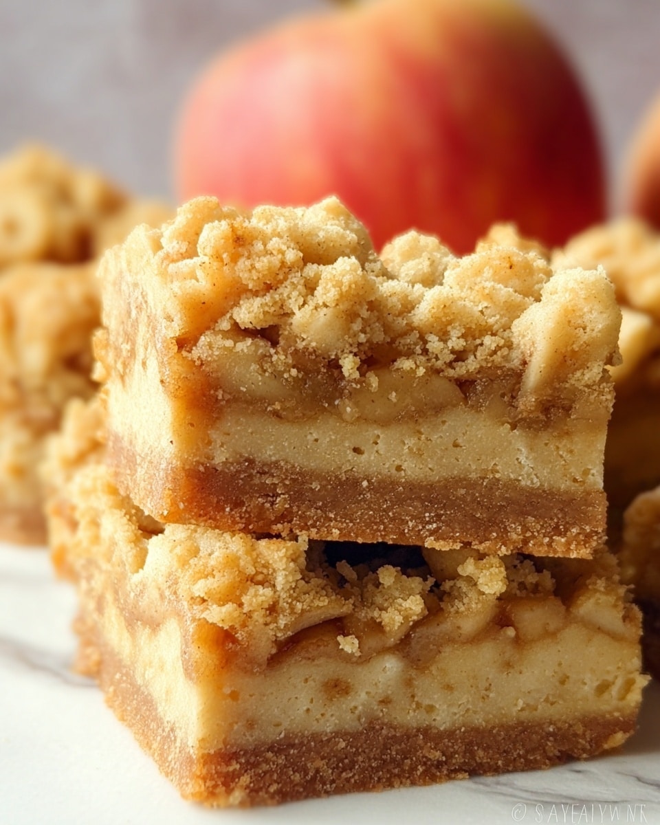 The image shows a close-up of a square slice of crumb apple cake with three layers: a light brown firm base, a middle layer with soft apple pieces and cinnamon, and a crumbly, golden, uneven top layer with small chunks and a textured look. In the background, there are some blurred whole red apples, and the cake pieces are stacked. The setting is on a white marbled surface. Photo taken with an iphone --ar 4:5 --v 7