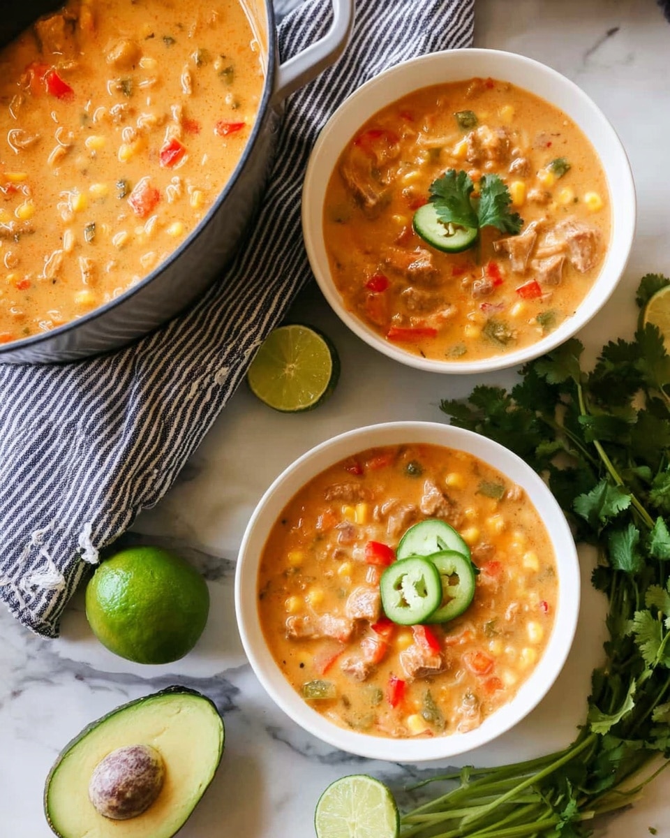 The image shows two white bowls filled with a creamy orange stew that has visible chunks of vegetables like corn and red peppers mixed with small pieces of meat, giving it a textured look. To the left, there is a large pot also containing the same stew with an orange spoon resting inside. Around the bowls on a white marbled surface, there are two lime halves, some fresh green cilantro leaves, a small white bowl of chopped herbs, and two fresh green peppers. A striped cloth napkin is partially under the pot. The whole scene feels warm and fresh, with bright and natural colors. photo taken with an iphone --ar 4:5 --v 7