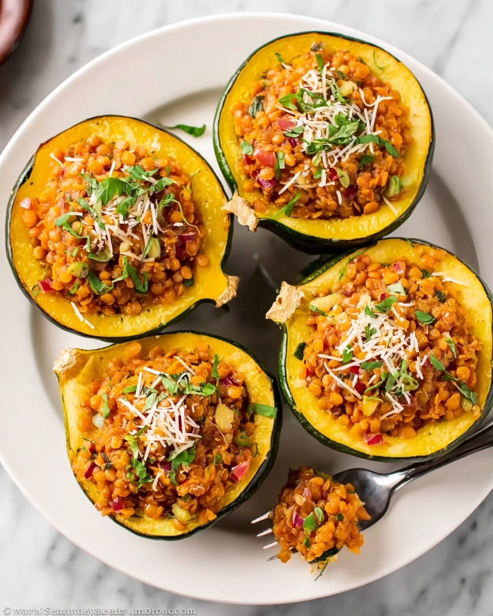 The image shows four yellow acorn squash halves on a white plate, each filled with a brownish-orange mixture that looks like cooked lentils or grains with small bits of red and green vegetables. The mixture is topped with thin strips of white cheese and small green herb pieces. One squash half has a silver fork resting next to it on the plate, with some of the filling speared on the fork. The plate is placed on a white marbled surface, and in the background, there is a blurred bowl with green leafy vegetables. photo taken with an iphone --ar 4:5 --v 7