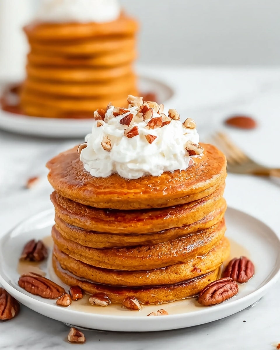A stack of seven thick, round pancakes with a warm, golden brown color sits in the center of a white plate on a white marbled surface. Each pancake has a slightly textured, fluffy appearance with some small holes and syrup dripping down the sides, adding a shiny glaze. On top of the stack is a generous dollop of white whipped cream, lightly speckled with tiny dark spots, and sprinkled with pieces of chopped pecans. Around the plate and on the marbled surface are a few whole pecan nuts. In the background, there is another tall stack of similar pancakes, slightly out of focus, along with blurred bowls and a fork on the right side. photo taken with an iphone --ar 4:5 --v 7
