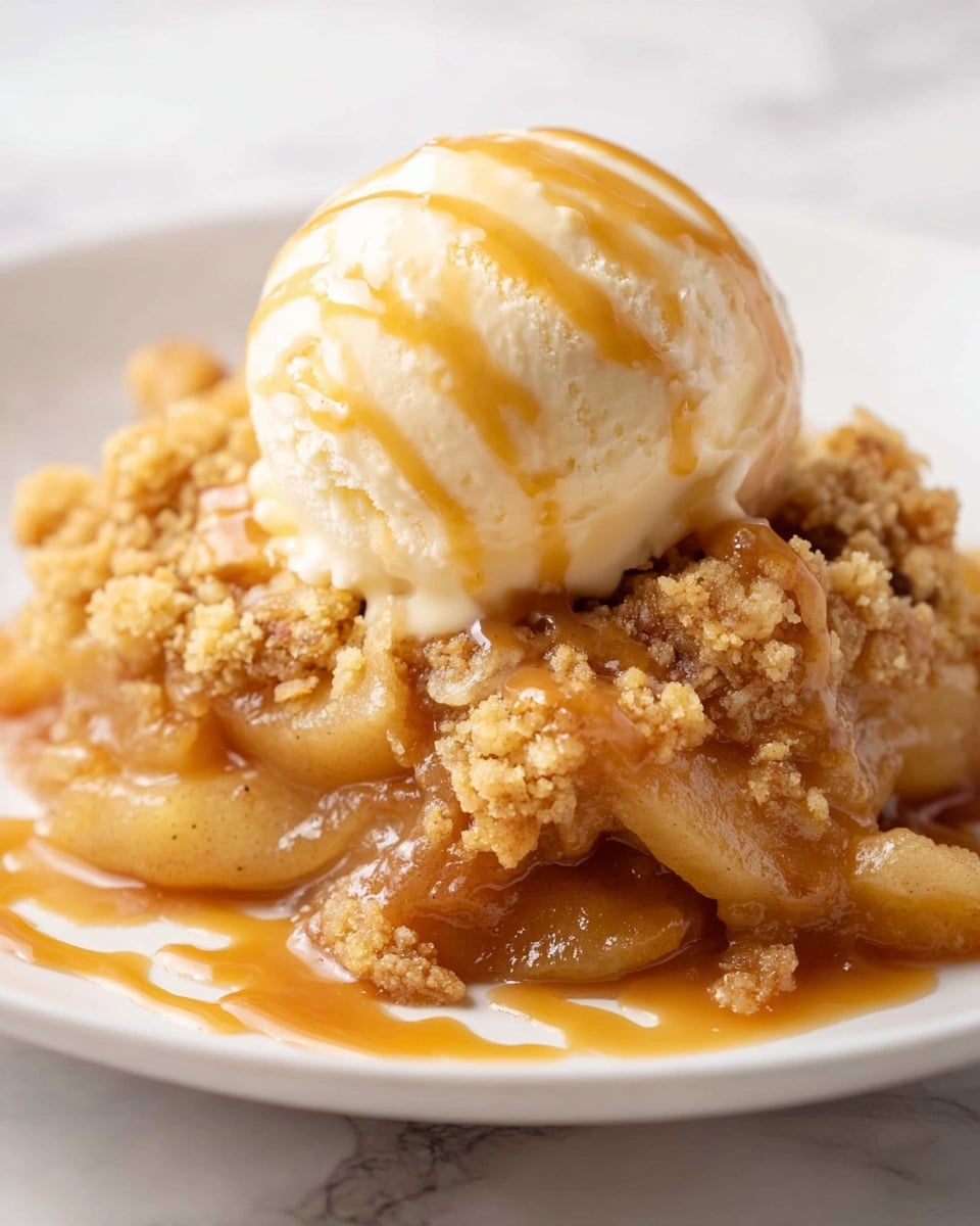 Classic Apple Cobbler with Fluffy Topping Recipe 6 A white plate holds a dessert with two main layers: the bottom layer is a warm, soft golden brown crumble mixed with tender caramelized apple slices that have a slightly shiny and syrupy texture, while the top layer is a smooth, round scoop of creamy vanilla ice cream drizzled with a light brown syrup that flows gently down its sides. The dessert sits on a white marbled surface. photo taken with an iphone --ar 4:5 --v 7