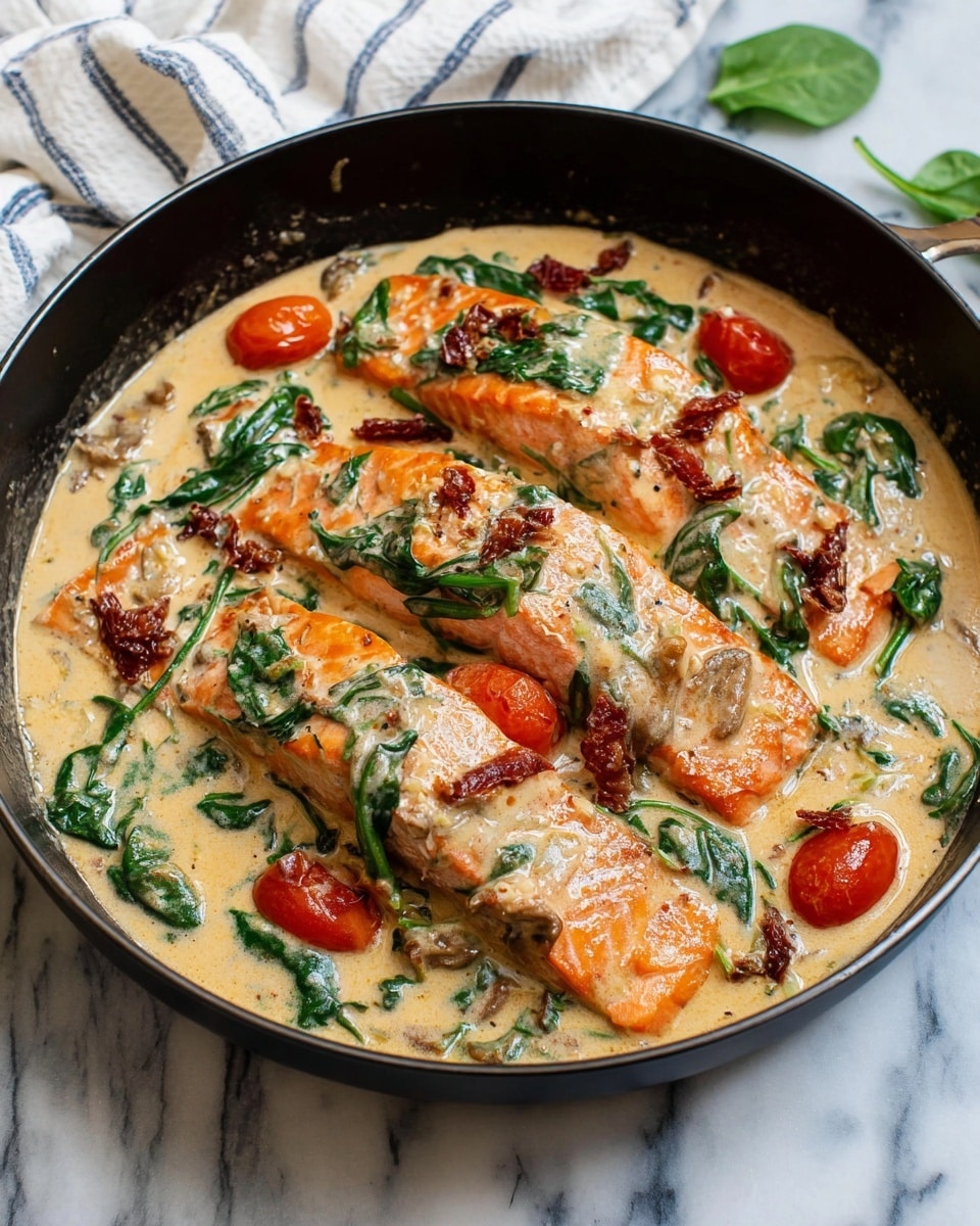 The image shows a dish with three pieces of cooked orange salmon layered with creamy white sauce on top. The salmon pieces sit in a thick, creamy, light beige sauce filled with bright green spinach leaves and small whole red cherry tomatoes. Around and on the salmon are thin slices of sautéed mushrooms with a golden brown edge. The dish is inside a dark pan, placed on a white marbled surface. Photo taken with an iphone --ar 4:5 --v 7