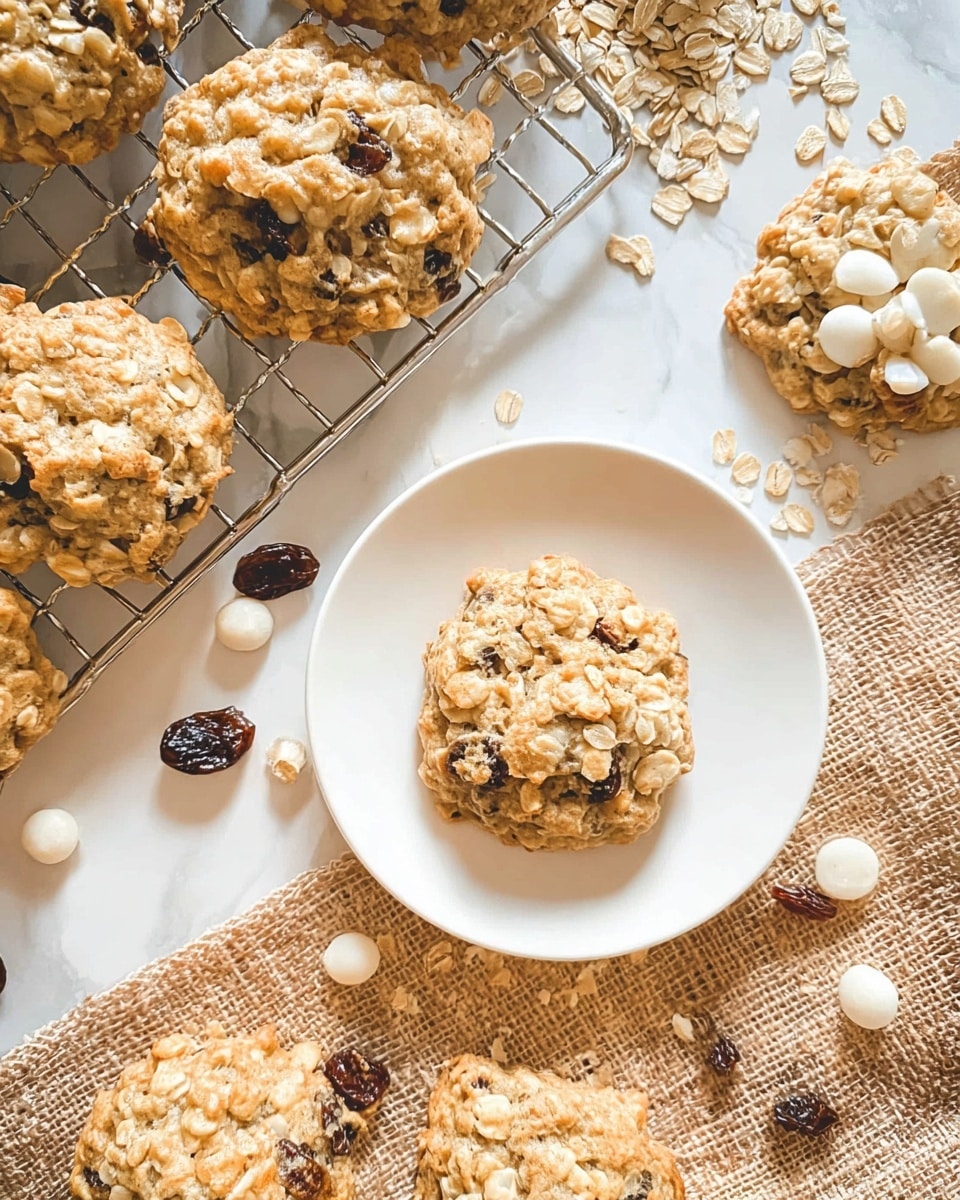 A plate with a stack of three oatmeal raisin cookies sits on a surface with a white marbled texture; the cookies are golden brown with visible oats and dark raisins, showing a rough, chewy texture. Around the plate, several more cookies are cooling on a silver wire rack, also golden brown with oats and raisins scattered throughout. Near the bottom left corner, a glass jar tipped on its side spills out loose oats onto the white marbled surface, with raisins and a white wooden bead garland arranged nearby. The scene has a bright, soft light highlighting the warm tones of the cookies and the neutral background. photo taken with an iphone --ar 4:5 --v 7