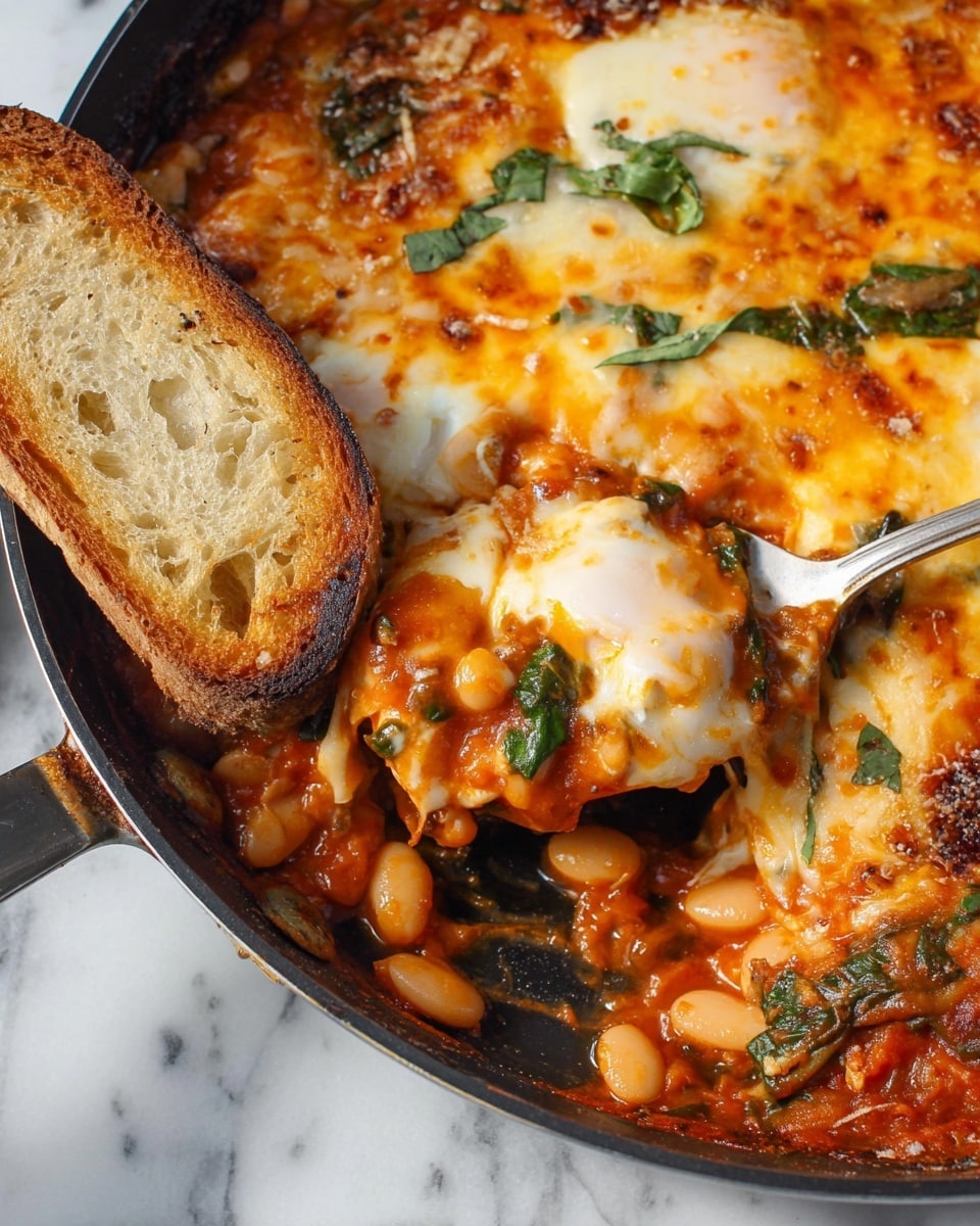 This image shows a close-up of a baked dish in a black skillet, with a bubbly, golden brown melted cheese layer on top, slightly browned in spots. Below the cheese, there is a tomato-based sauce with white beans and green leafy herbs visible, adding texture and color. A slice of crusty, light brown bread rests on the edge of the skillet, touching the dish. Two silver spoons scoop into the dish, pulling up some cheese-covered beans and sauce. The dish looks rich and warm, with a mix of creamy melted cheese, plump beans, and fresh greens. photo taken with an iphone --ar 4:5 --v 7