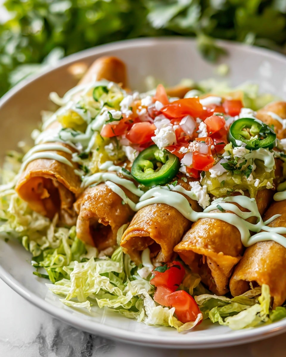 A white plate holds five golden, crispy rolled taquitos, stacked close together on a bed of chopped green lettuce and diced red tomatoes. The taquitos are topped with bright green slices of jalapeño, drizzles of creamy white sauce, and a light green sauce. Crumbled white cheese is scattered over the top. The whole scene is set on a white marbled surface. Photo taken with an iphone --ar 4:5 --v 7