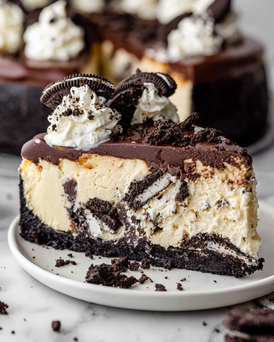 A slice of cookies and cream cheesecake sits on a white plate on a white marbled surface. The bottom layer is a dark crushed cookie crust, above it is a thick creamy cheesecake layer filled with chunks of dark cookies. On top is a smooth, thick layer of dark chocolate ganache. The cheesecake slice is decorated with white whipped cream swirls along the edge, sprinkled with more crushed dark cookies and small cookie pieces. Photo taken with an iphone --ar 4:5 --v 7