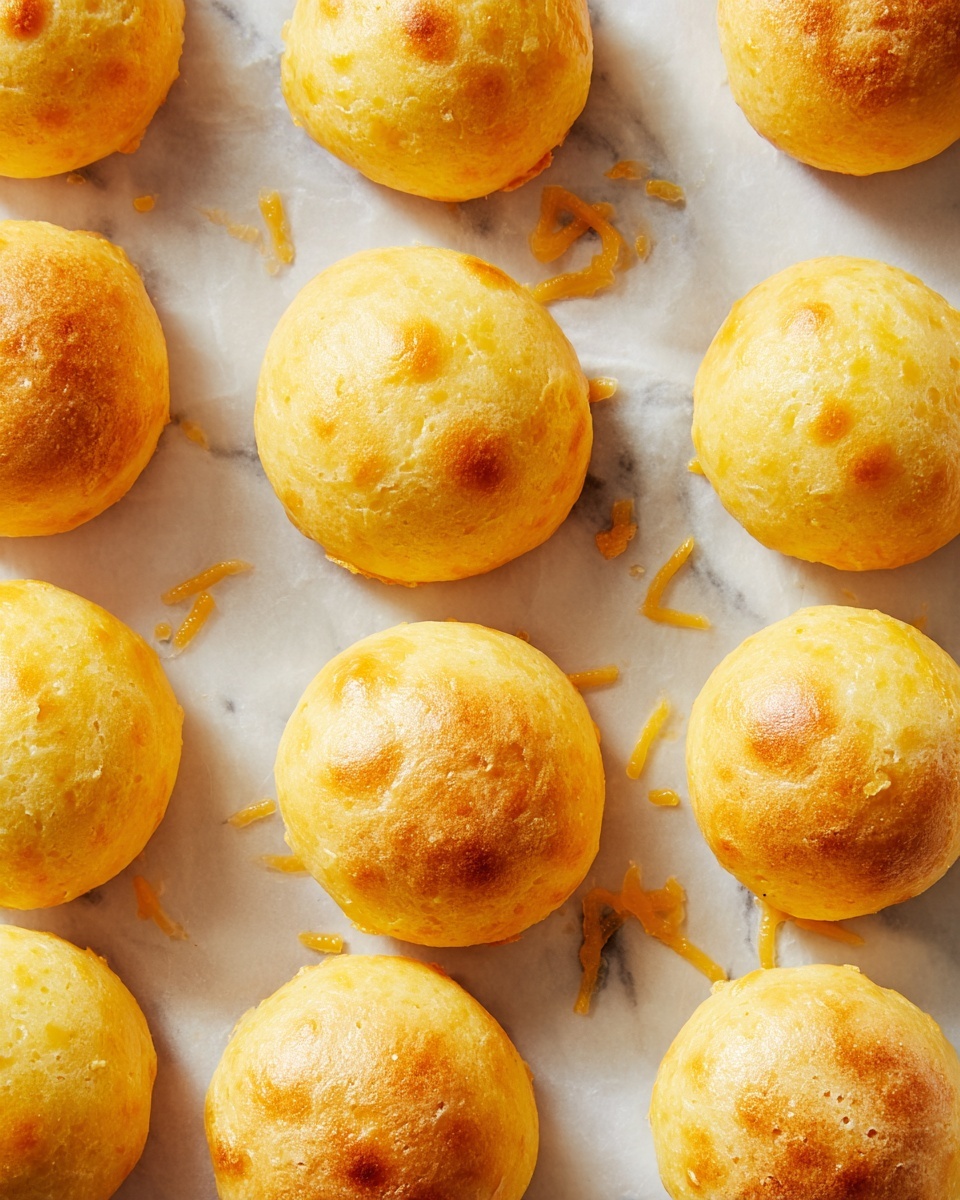 The image shows a baking sheet lined with light brown parchment paper holding 16 small, round cheese bread balls. Each bread ball is golden yellow and slightly shiny with a smooth, puffy texture. The balls are arranged in four even rows, spaced apart so none touch. Small bits of melted cheese are scattered around the balls on the parchment paper. The background has a white marbled texture. photo taken with an iphone --ar 4:5 --v 7