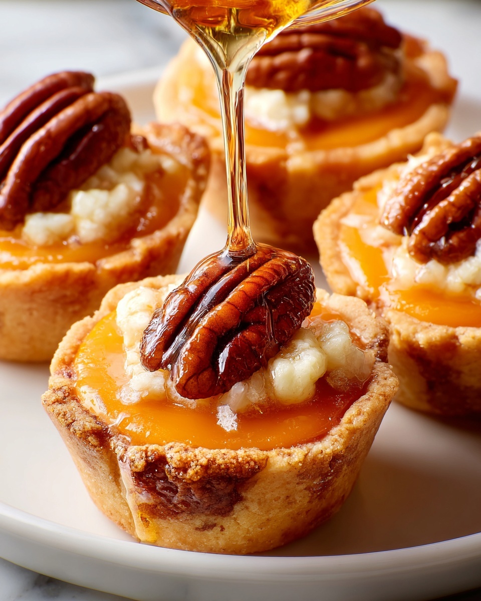 The image shows small tart-like treats arranged closely on a white marbled surface. Each tart has three main layers: the bottom crust is golden brown and crispy, forming a cup shape holding the filling; inside is a soft, orange puree layer that looks smooth and rich; on top of the puree, there is a cream layer that is slightly melted and white, adding a soft texture. A whole toasted pecan with shiny brown ridges sits on the cream layer. A woman's hand is pouring golden syrup slowly over the pecan and filling, giving a glossy, shiny effect. The light shines warmly on the tarts, highlighting the textures and colors. photo taken with an iphone --ar 4:5 --v 7