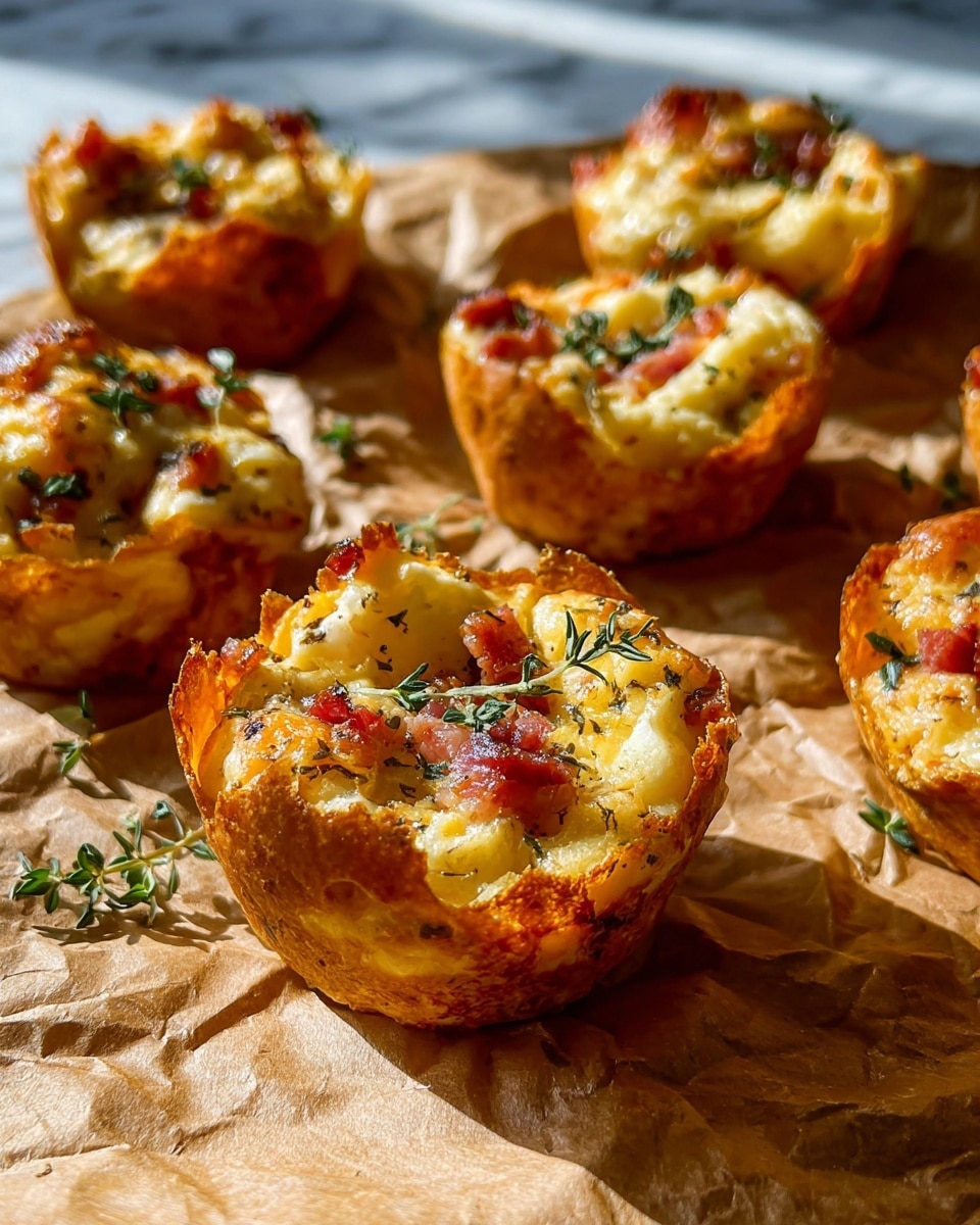 The image shows an overhead view of twelve small savory muffins arranged on crinkled brown baking paper that covers a wooden board with a handle. Each muffin has a slightly rough and golden-brown top with bits of red, green, and light yellow ingredients visible, suggesting vegetables and cheese mixed inside. Around the board, there are clear glasses with amber and light-colored drinks, a wooden bowl of nuts, a small white bowl with reddish crumbled peppers or seeds, and a white bowl with honey, a wooden honey dipper resting inside. The surface is white with a marbled texture, and soft sunlight casts natural shadows, enhancing the warm and cozy feel. Photo taken with an iphone --ar 4:5 --v 7