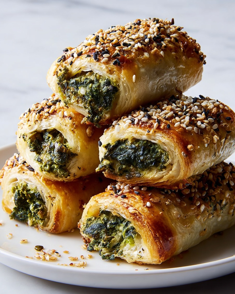 The image shows several golden brown, rectangular pastries topped with mixed seeds and spices, arranged on white parchment paper over a white marbled surface. Each pastry has a crispy, flaky outer layer sprinkled with toasted white and black sesame seeds, and reddish-brown spice flakes. The center of the pastries is filled with a visible green leafy mixture, seemingly spinach or herbs combined with melted cheese that oozes softly from the sides. One pastry is broken in half, revealing the soft, creamy textured filling inside, with the green filling contrasting nicely against the golden crust. There are scattered seeds and spice bits on the parchment paper around the pastries, enhancing the rustic look. Photo taken with an iphone --ar 4:5 --v 7