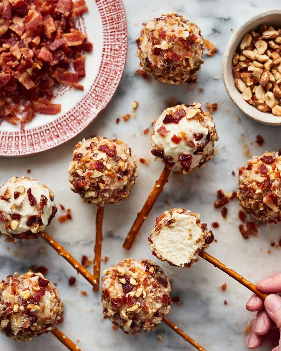 The image shows round cheese balls on thin pretzel sticks, arranged on a white marbled surface. Each cheese ball is coated with either finely chopped nuts or small bacon bits, creating two different colors and textures: a light, rough nut coating with beige and brown tones, and a textured, deep red bacon coating. Nearby, there are two small white bowls filled with more chopped nuts and bacon bits. The pretzel sticks are golden brown, thin, and crispy, inserted into each cheese ball, making them look like little lollipops. One woman's hand is holding a cheese ball on a pretzel stick at the top of the image. Photo taken with an iphone --ar 4:5 --v 7