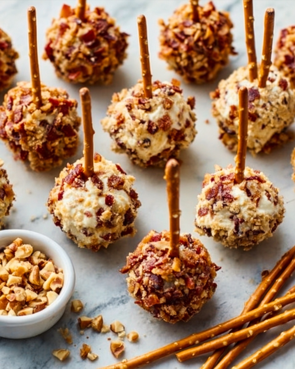 The image shows several small round cheese balls on pretzel sticks standing upright on a white marbled surface. There are two types of cheese balls: one covered with chopped nuts and the other coated with finely crumbled red seasoning. The cheese balls have a rough texture from their coatings and are evenly spaced on the surface. A small white bowl filled with chopped nuts sits near some extra pretzel sticks lying flat next to it. photo taken with an iphone --ar 4:5 --v 7