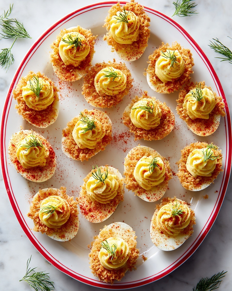 There are fifteen deviled eggs arranged neatly on a white plate with a thin red rim, placed on a white marbled surface. Each egg half has two layers: the base layer is a light tan oval shaped hard-boiled egg white covered with a crumbly, golden brown coating that looks crispy. On top, the second layer is a swirl of smooth, bright yellow yolk filling, dusted lightly with paprika for a touch of reddish color. Each swirl is decorated with a small sprig of fresh green dill. Some loose dill sprigs are scattered around the plate for decoration. Photo taken with an iphone --ar 4:5 --v 7