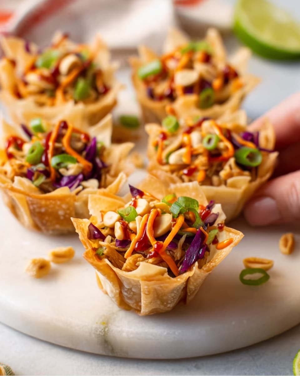 The image shows five small white filo pastry cups filled with a colorful mix of ingredients. Each cup holds layers starting with a base of crunchy noodles, topped with chopped vegetables including red cabbage and green herbs. Drizzled orange sauce adds a creamy texture on top, with some crushed peanuts sprinkled over everything. The cups are placed on a white marbled surface with a few lime slices around them. A woman's hand is reaching towards one of the cups. The scene is bright and fresh, with all details clear and vibrant. photo taken with an iphone --ar 4:5 --v 7