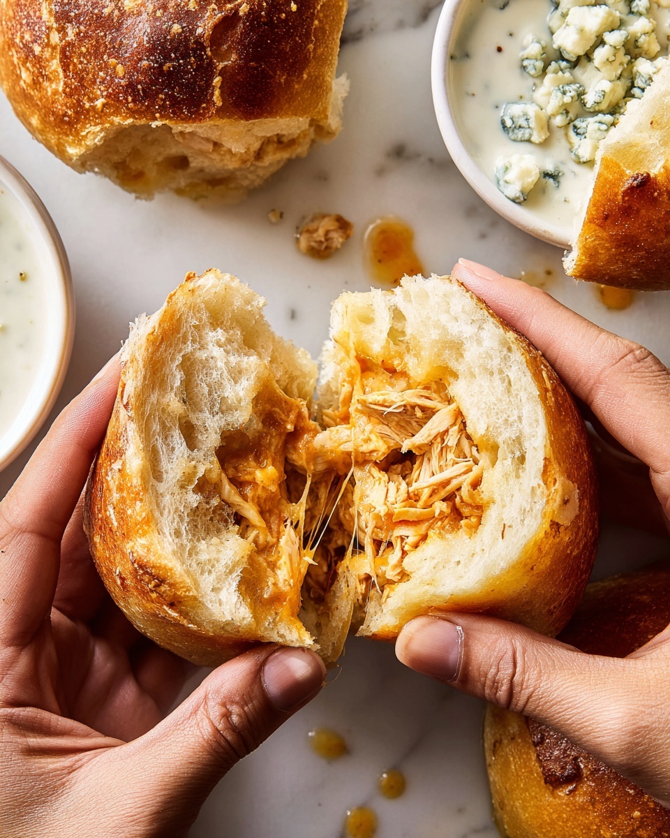 A close-up shows a pair of hands breaking apart a small folded bread roll with a golden brown, slightly crispy outside layer. Inside, there are two main layers: shredded orange chicken and melted light yellow cheese stretching between the bread halves. The bread is soft and fluffy on the inside with a lightly browned crust. Around the main roll, there are other similar rolls and a small white bowl filled with creamy white sauce topped with some blue cheese bits. The whole scene is set on a white marbled surface with some scattered salt crystals, and a drop of sauce is visible near the edges. Photo taken with an iphone --ar 4:5 --v 7