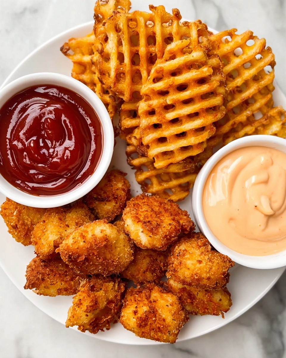 A white rectangular plate holds a pile of golden brown crispy chicken nuggets with a coarse, crunchy texture. Behind the nuggets on the plate are two white small bowls, one filled with bright red ketchup and the other with creamy light beige dipping sauce. Lightly visible in the background are some waffle fries with a golden color. All items rest on a white marbled surface. Photo taken with an iphone --ar 4:5 --v 7