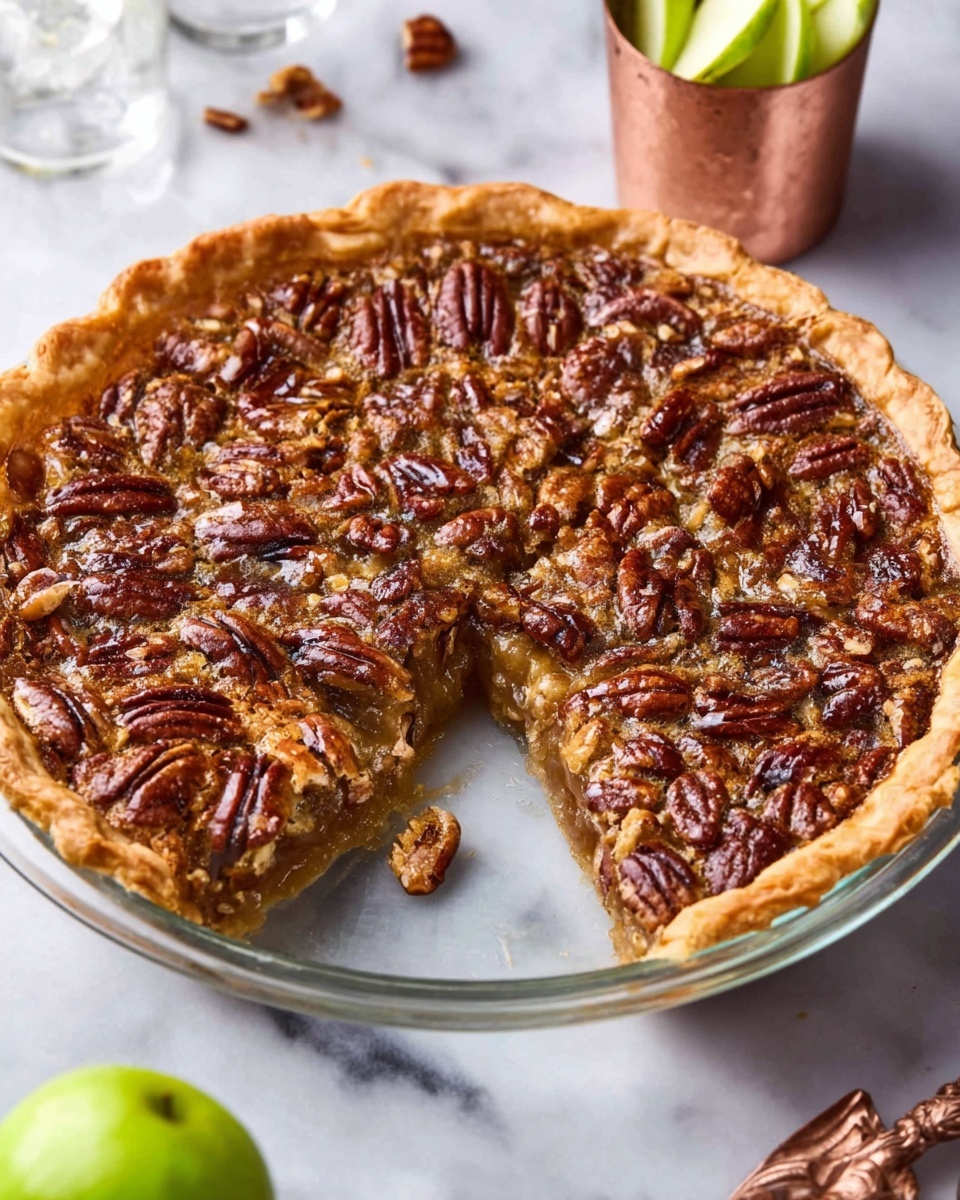 The image shows a round pecan pie with a golden-brown, crimped crust at the edge, filled with a glossy, amber-colored filling covered with whole toasted pecans arranged evenly on top. The pie is placed on a clear glass pie plate, which sits on a white marbled surface. To the top right of the pie, there is a small white cup filled with more toasted pecans, and next to it on the surface are three bright green apple slices arranged in a cool fan shape. On the top left, there is a white scalloped plate resting on a beige cloth, and a vintage spoon lies to the right bottom side of the pie. The overall lighting is natural and soft, highlighting the rich texture of the pie and nuts. photo taken with an iphone --ar 4:5 --v 7