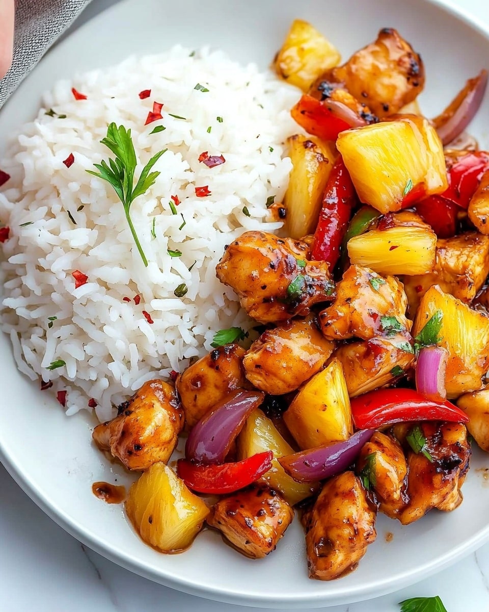A white plate on a white marbled surface holds a colorful dish with two main parts. On the left is a neat mound of white rice, sprinkled with tiny green herb leaves and red chili flakes, giving it a light, fresh look. On the right side, there is a mix of golden brown cooked chicken pieces, bright yellow pineapple chunks, and red bell pepper slices, all evenly mixed with some thin slices of purple onion. The chicken looks slightly shiny and well-cooked, and the vegetables are vibrant with a slight shine. Small green herb sprigs are scattered on top, adding fresh color. Photo taken with an iphone --ar 4:5 --v 6.1