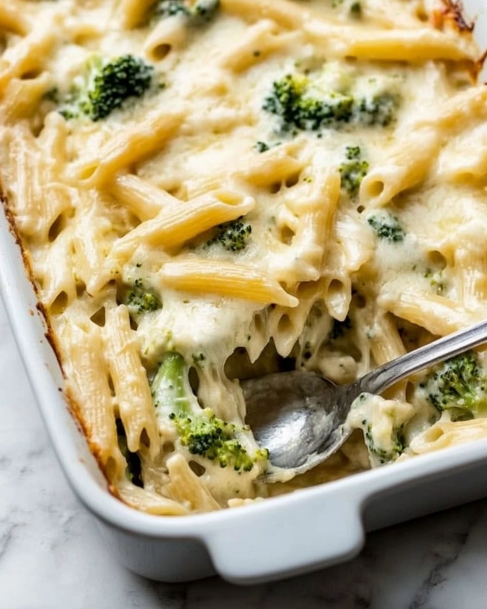 A white rectangular baking dish contains a creamy pasta bake with three main visible layers: the bottom layer is creamy sauce mixed with pieces of broccoli, the middle layer is spiraled pasta that is well coated with sauce, and the top layer is melted cheese that is slightly golden and bubbly in parts. There is a silver serving spoon resting on the left side of the dish, partially scooping a portion of the pasta, showing the creamy texture of the sauce and pasta inside. The dish is set on a white marbled surface, highlighting the colors and textures of the food. Photo taken with an iphone --ar 4:5 --v 6.1