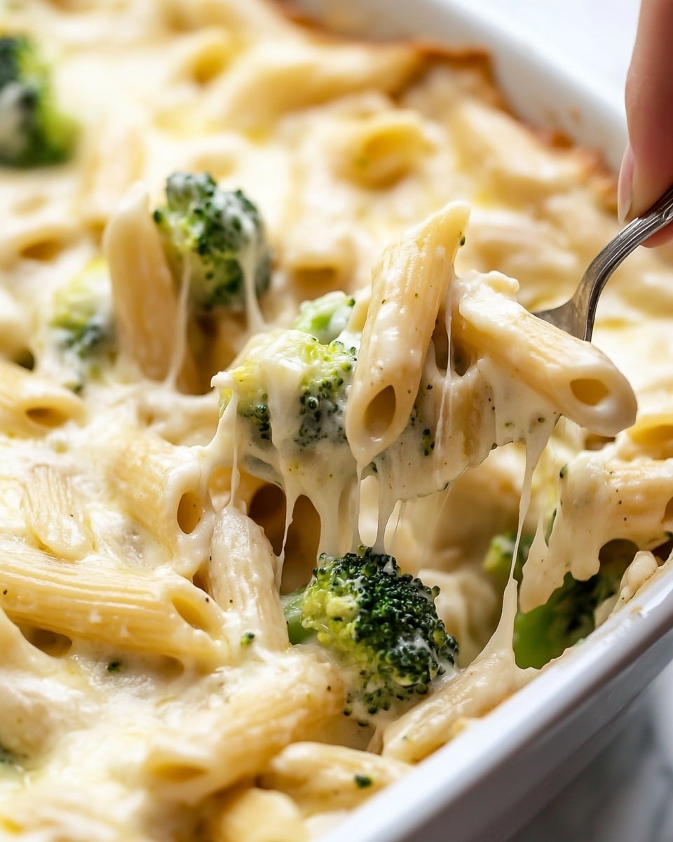 The image shows a white bowl filled with a creamy pasta dish. The pasta is short and twisted, covered in a smooth white sauce. Mixed in are small pieces of cooked broccoli, bright green with a fresh texture. The pasta and broccoli layers are evenly spread, with some black pepper sprinkled on top, adding small dark specks. The white bowl sits on a white marbled surface. The photo taken with an iphone --ar 4:5 --v 6.1