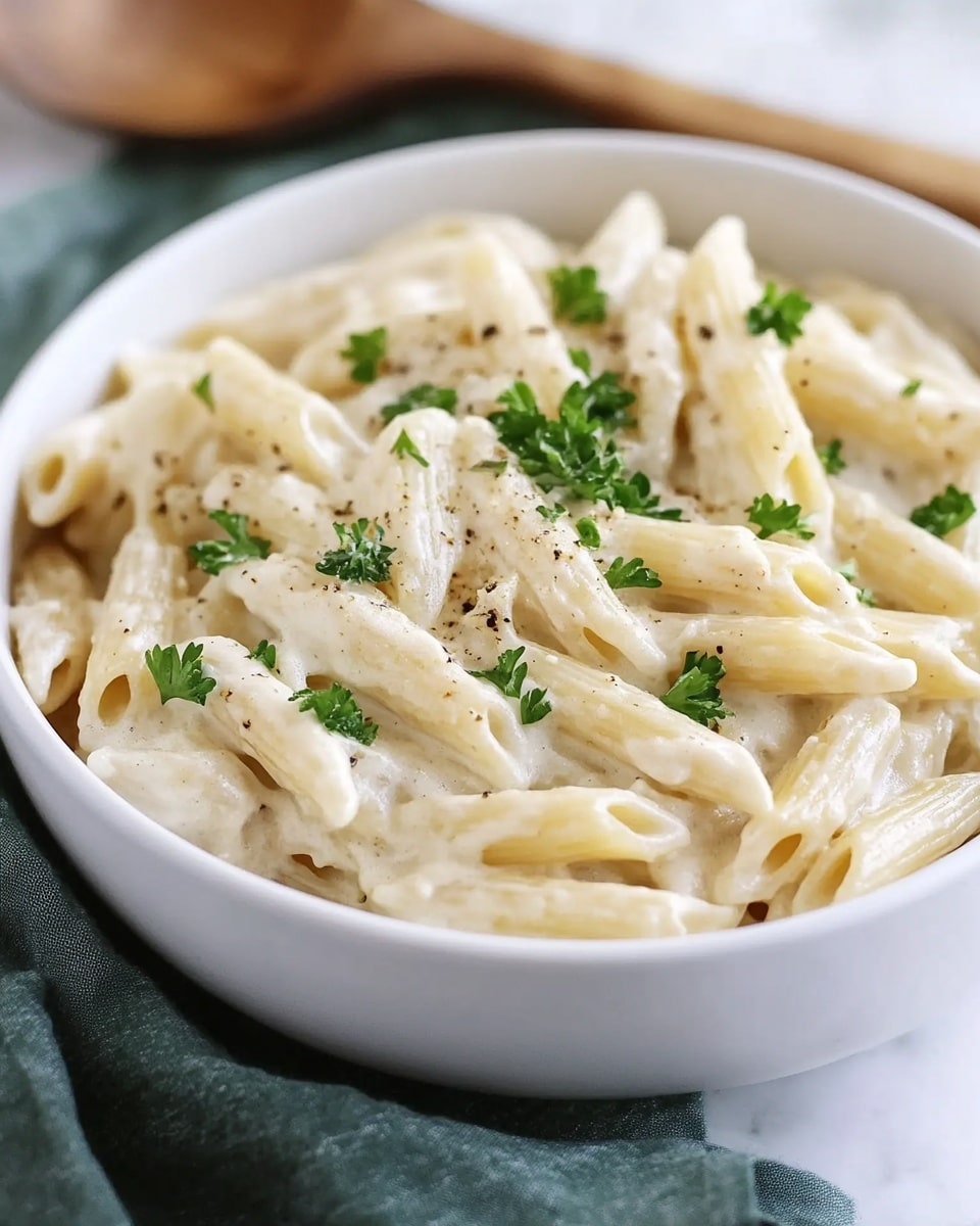 This image shows a close-up of a bowl filled with creamy pasta. The pasta is penne shape, covered in a smooth, light cream-colored sauce that looks thick and rich. On top of the pasta, small bits of chopped green parsley are spread evenly, adding fresh color contrast. You can also see some black pepper sprinkled lightly on the pasta for seasoning. The pasta fills the white bowl with a simple and clean design and is placed on a white marbled surface. The focus is on the texture of the creamy sauce and pasta with small herb pieces scattered on top. photo taken with an iphone --ar 4:5 --v 6.1