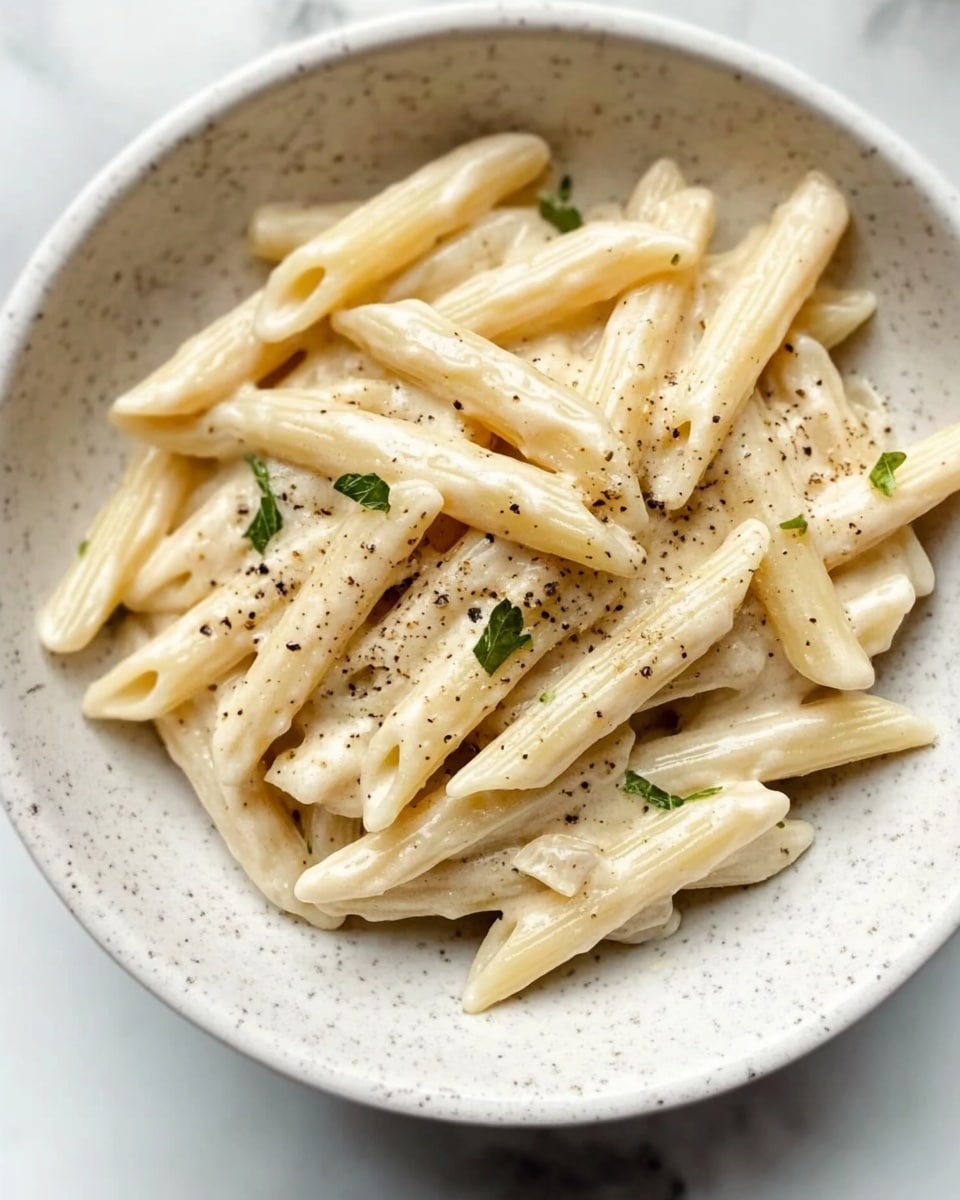 A white bowl filled with penne pasta covered in a creamy white sauce, lightly sprinkled with small green herb bits and a touch of black pepper. The sauce clings smoothly to each pasta piece, giving a soft, glossy texture. The bowl is set on a white marbled surface, highlighting the pale tones of the dish. photo taken with an iphone --ar 4:5 --v 6.1