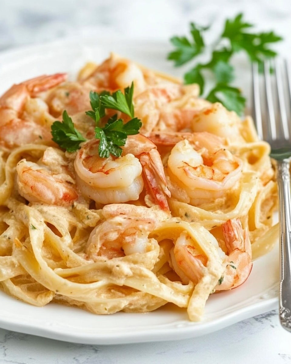 A white plate holds a serving of creamy fettuccine pasta mixed with several cooked shrimp, which are pink with a slight orange tint. The pasta sauce is light beige and coats the noodles smoothly. Small green parsley leaves are scattered on top as a garnish. A silver fork and spoon rest beside the plate on a white marbled surface. photo taken with an iphone --ar 4:5 --v 6.1