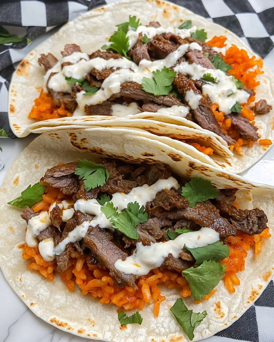 Two soft white tortillas are placed on a white plate with a black and white checkered paper underneath. Each tortilla holds one layer of orange rice with a slightly crumbly texture as the base, topped with browned pieces of cooked meat that look tender and juicy. On the meat, there are fresh green cilantro leaves scattered for color. The top tortilla has two sauces drizzled over the meat and rice: a creamy white sauce and a glossy dark red sauce that add shine and contrast to the dish. The plate sits on a white marbled surface. photo taken with an iphone --ar 4:5 --v 6.1