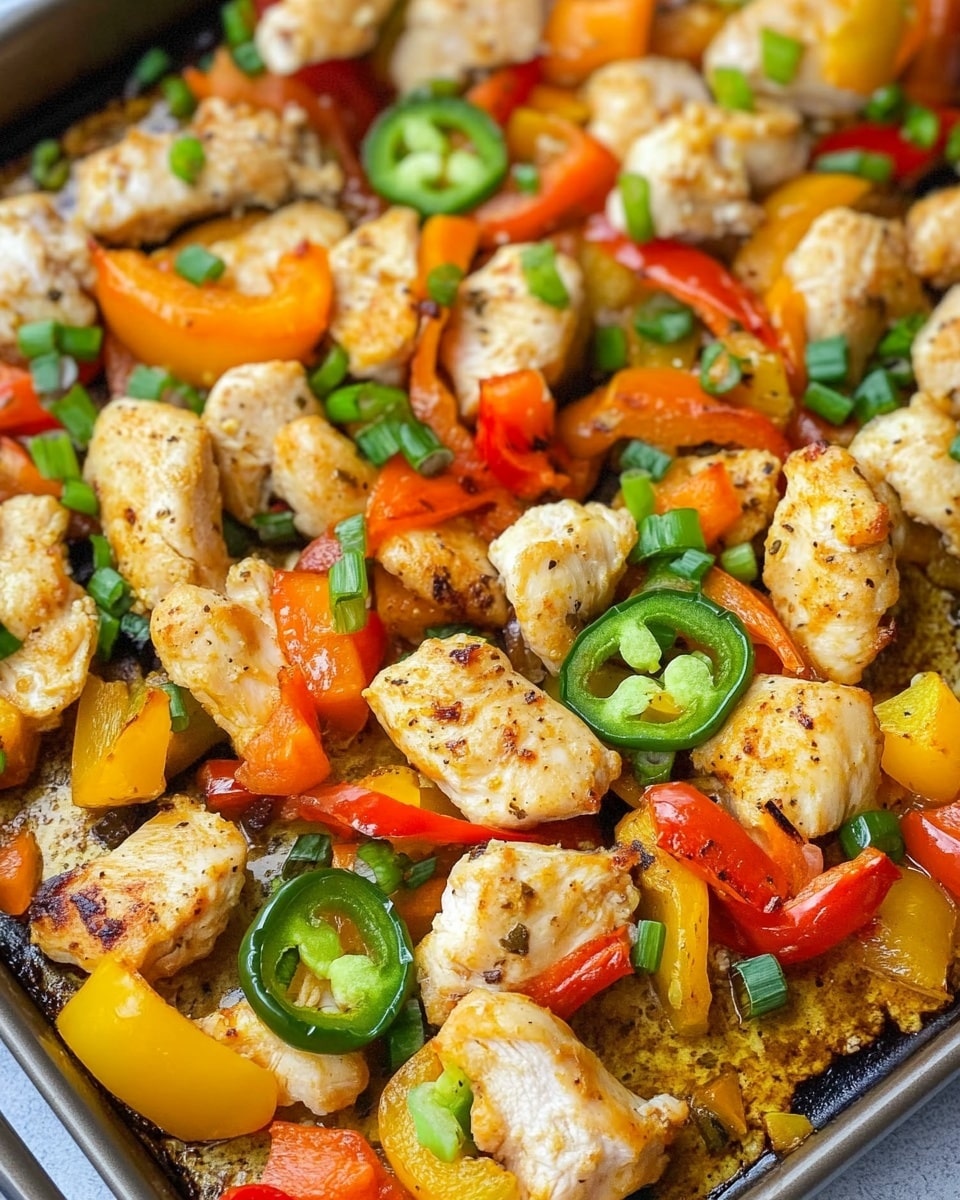 The image shows a white baking tray filled with cooked chicken pieces and sliced bell peppers in red, orange, and yellow colors, spread evenly. The chicken pieces are golden brown with a light sear, and the bell peppers are soft with a slight shine from cooking. Small green chopped scallions and thin green chili slices are scattered over the top, adding a fresh green color contrast. A woman's wooden spatula is seen stirring or serving the food at the bottom right on a white marbled surface. photo taken with an iphone --ar 4:5 --v 6.1