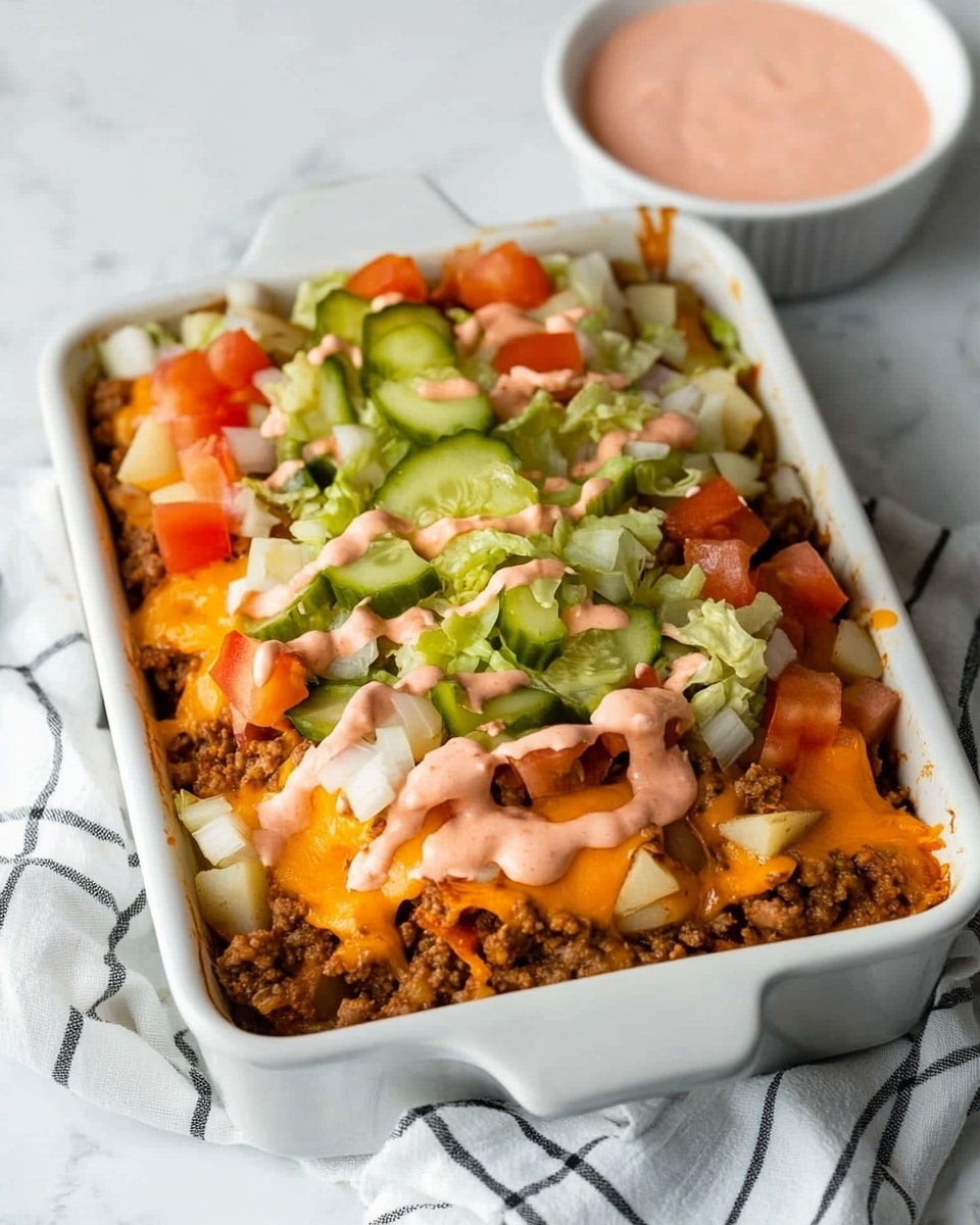 This dish is a layered casserole served in a white baking dish, set on a white marbled surface. The bottom layer is made up of cooked ground meat mixed with a golden-brown roasted vegetable base. On top, there is a melted cheese layer that is orange and gooey in texture with some chunks of softened vegetables. Spread over the cheese are streaks of a creamy orange sauce. The next layer has shredded lettuce with thin, crisp green strips. On the lettuce, there are diced red tomatoes and small white onion pieces. Round green pickle slices are placed on top, adding contrast and texture. A small white bowl with extra sauce sits in the background to the upper right. photo taken with an iphone --ar 4:5 --v 6.1